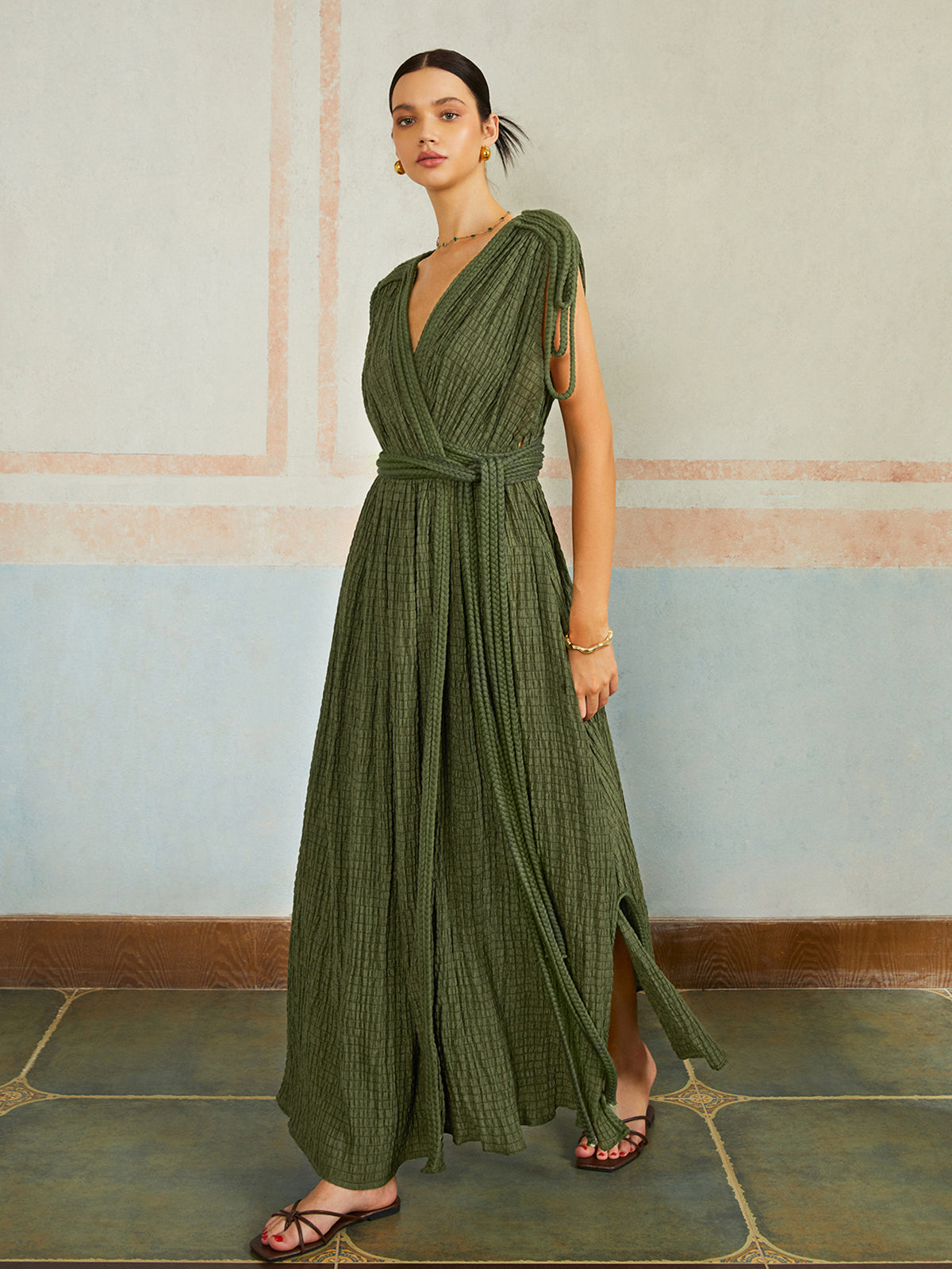 Casual Pleated Belted Long Dress-Chicvia