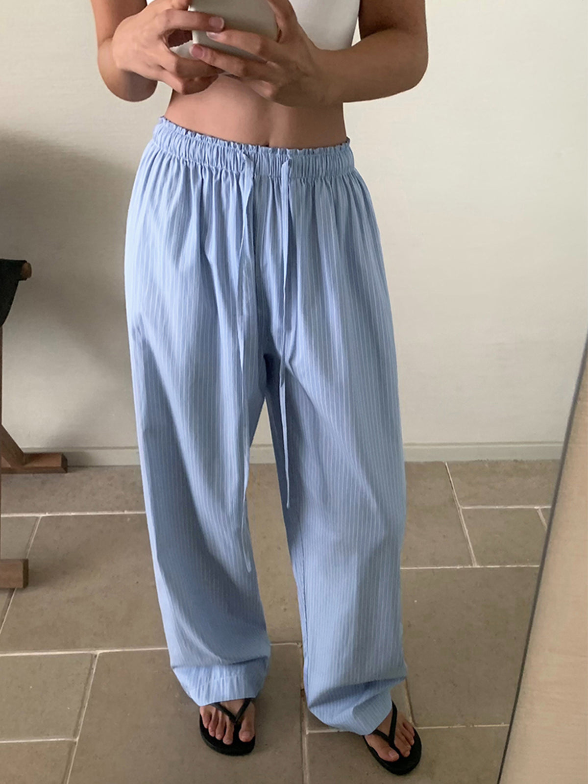 Pinstripe Drawstring Wide-Leg Pants-Chicvia