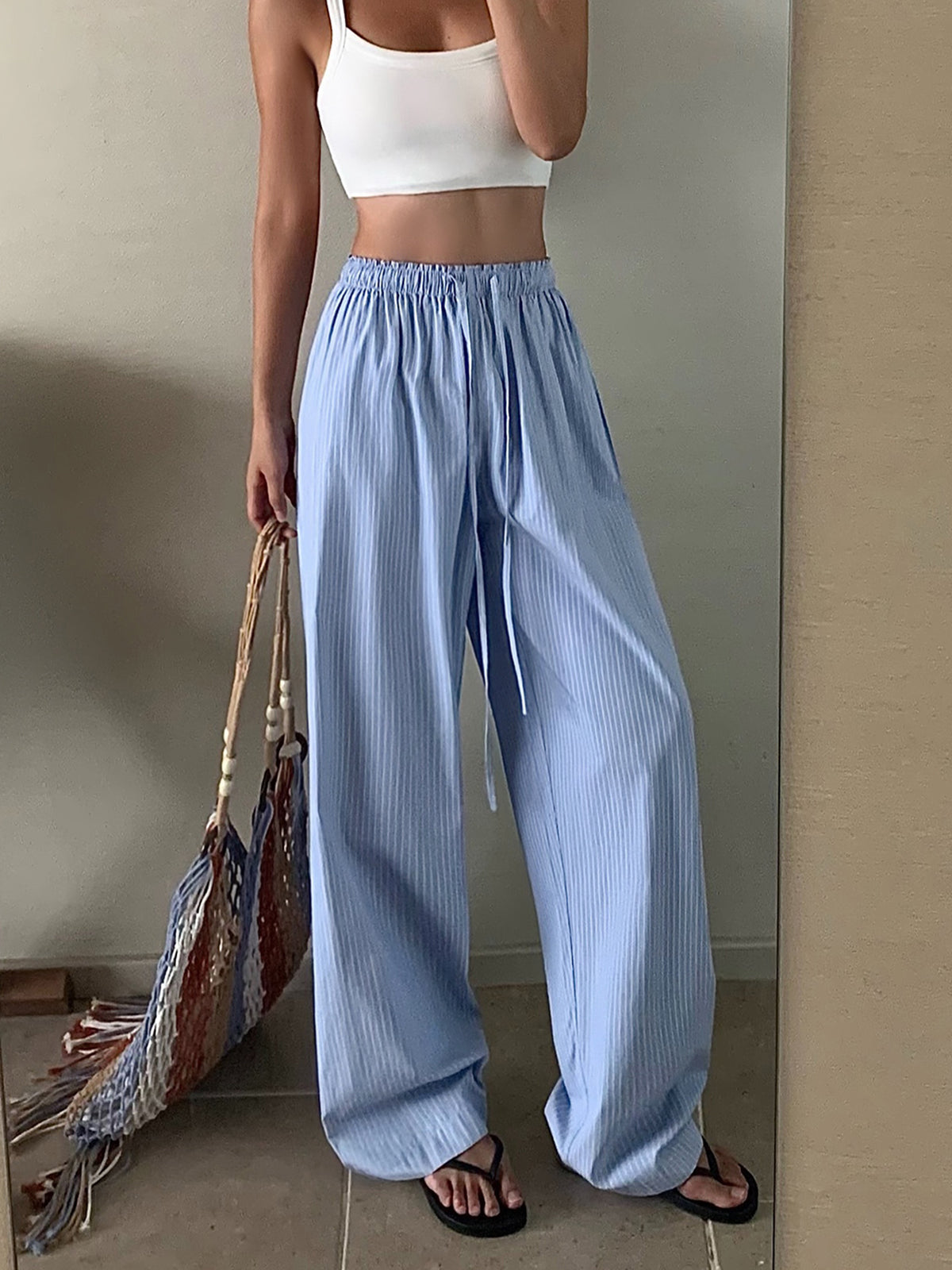 Pinstripe Drawstring Wide-Leg Pants-Chicvia