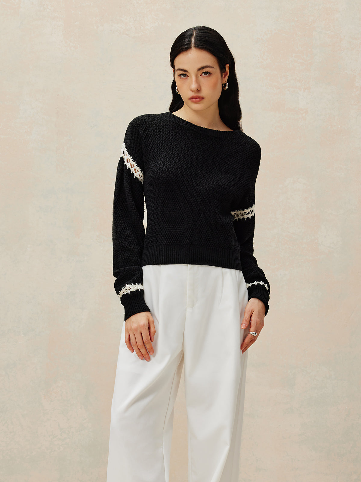 Patchwork Design Pullover Sweater-Chicvia