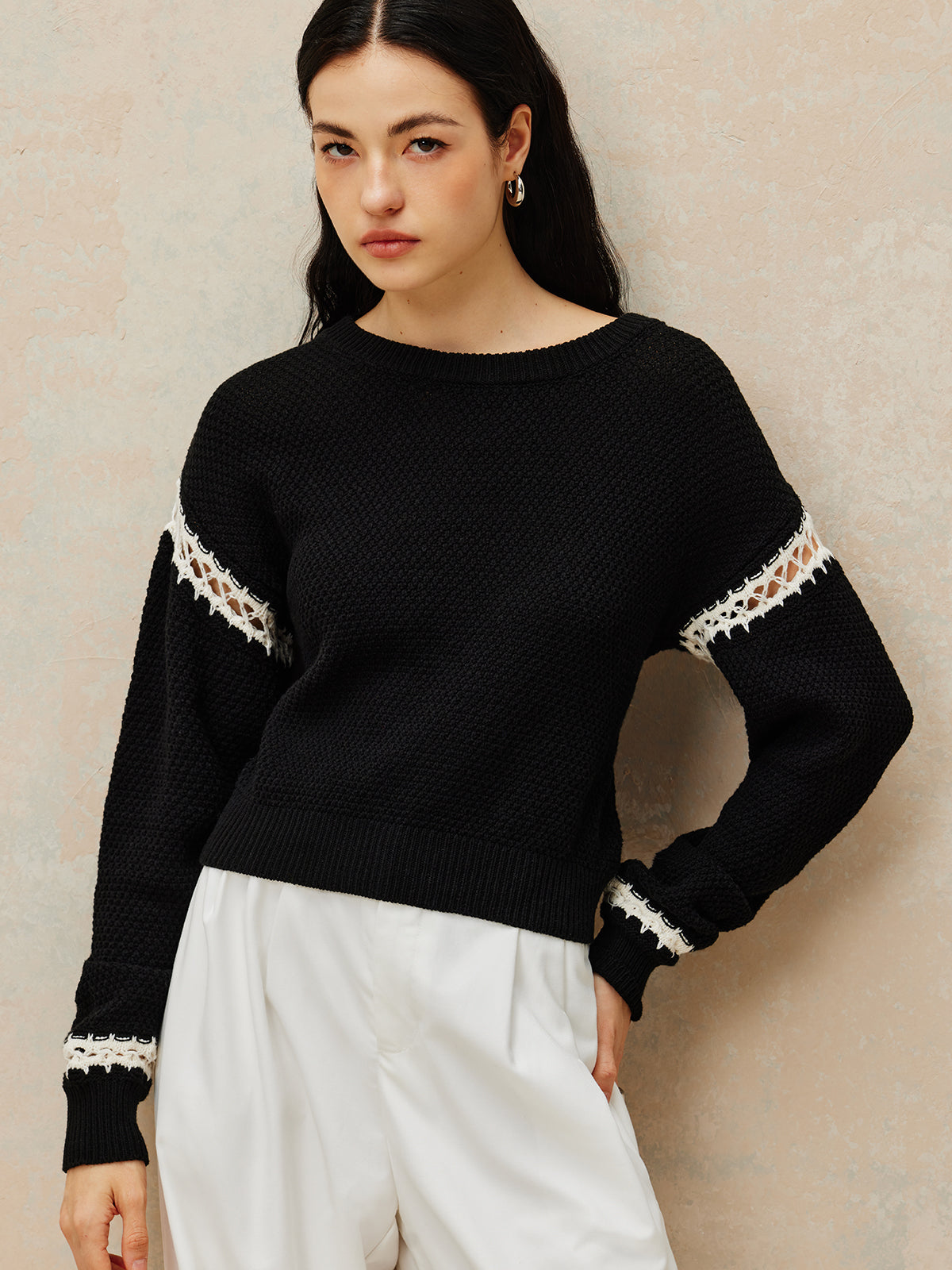 Patchwork Design Pullover Sweater-Chicvia