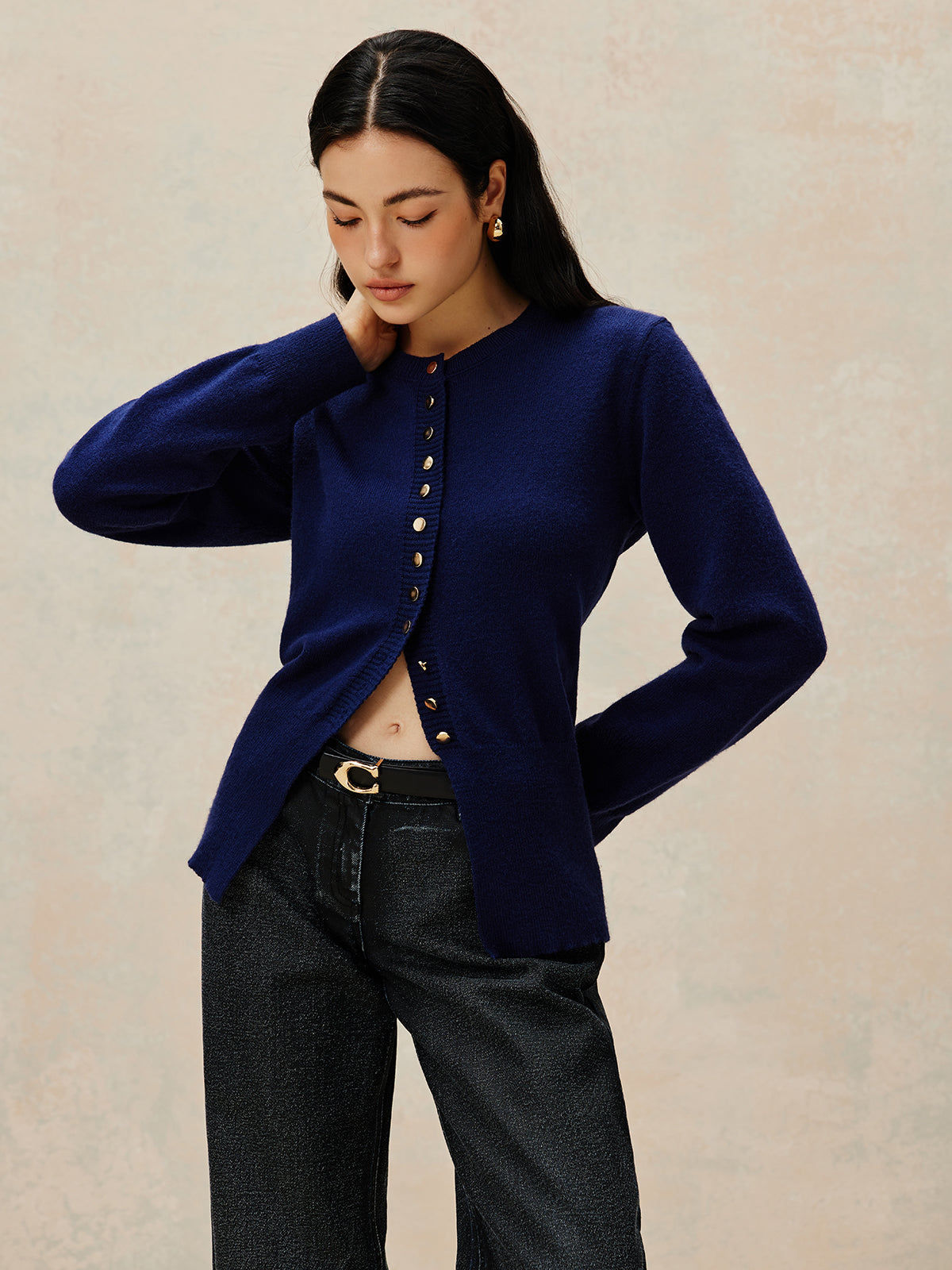 Crew Neck Breasted Jersey Cardigan-Chicvia