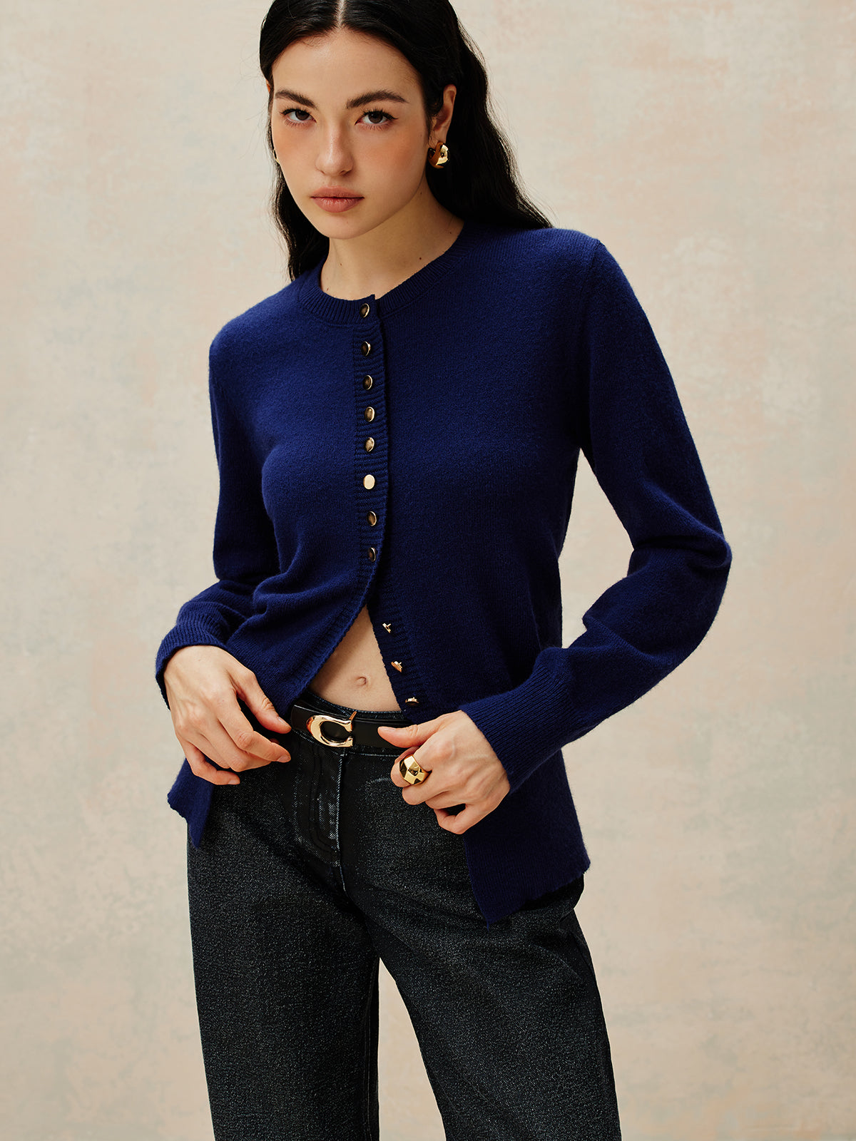 Crew Neck Breasted Jersey Cardigan-Chicvia