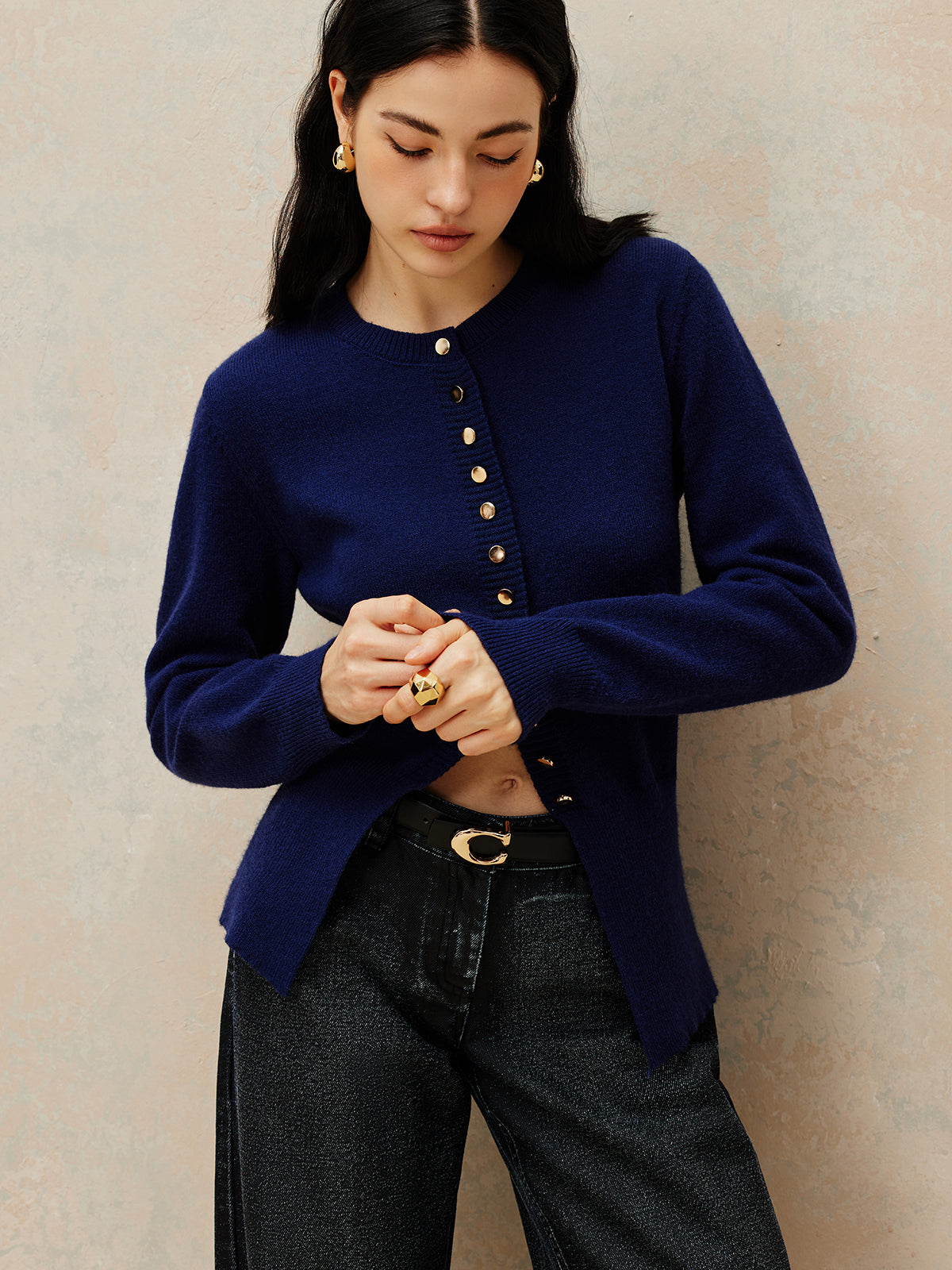 Crew Neck Breasted Jersey Cardigan-Chicvia