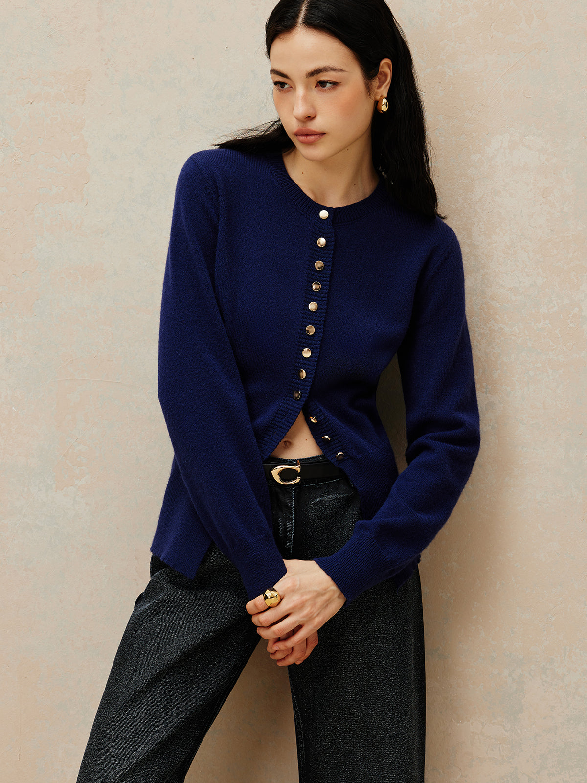 Crew Neck Breasted Jersey Cardigan-Chicvia