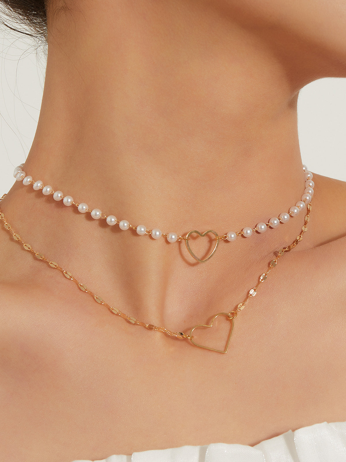 Double Layer Pearl Heart Pendant Necklace-Chicvia