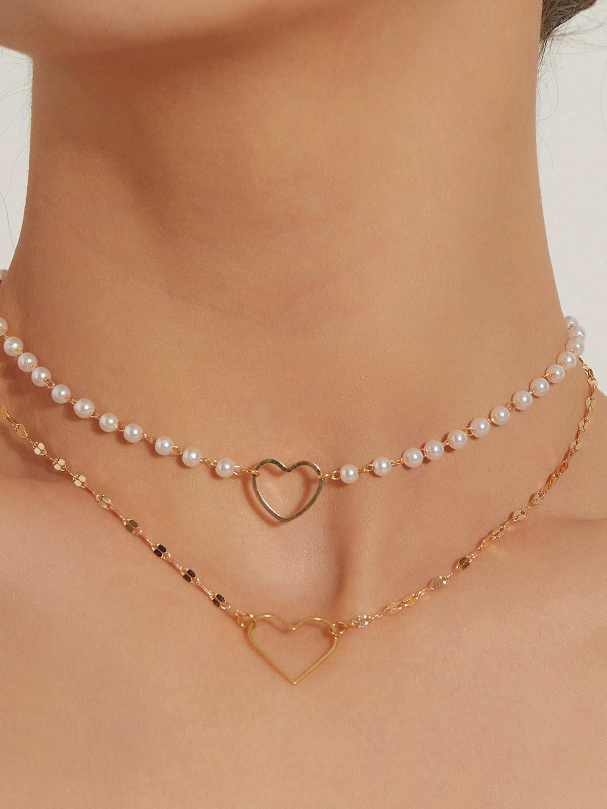 Double Layer Pearl Heart Pendant Necklace-Chicvia