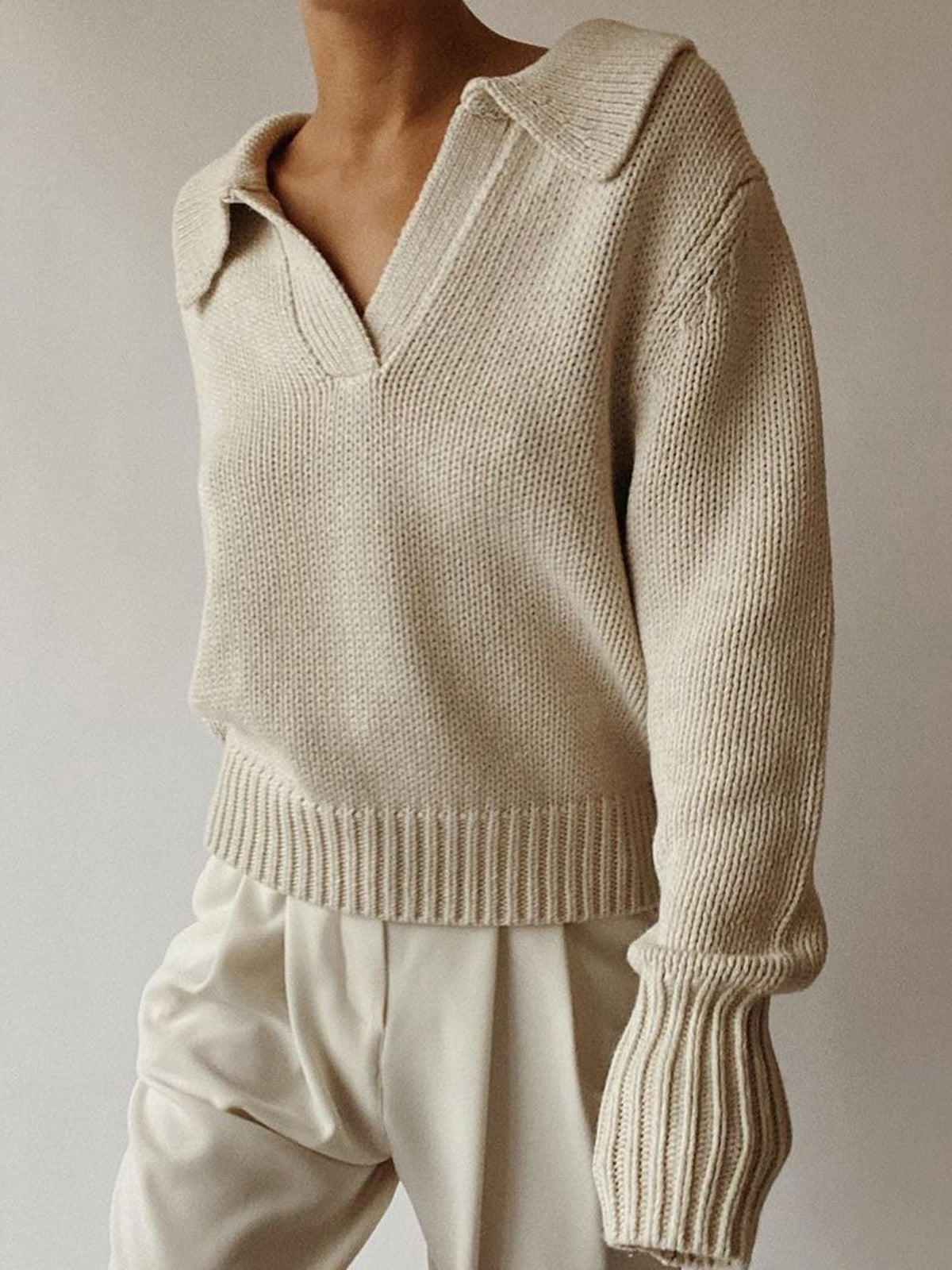Lapel Ribbed Pullover Sweater-Chicvia