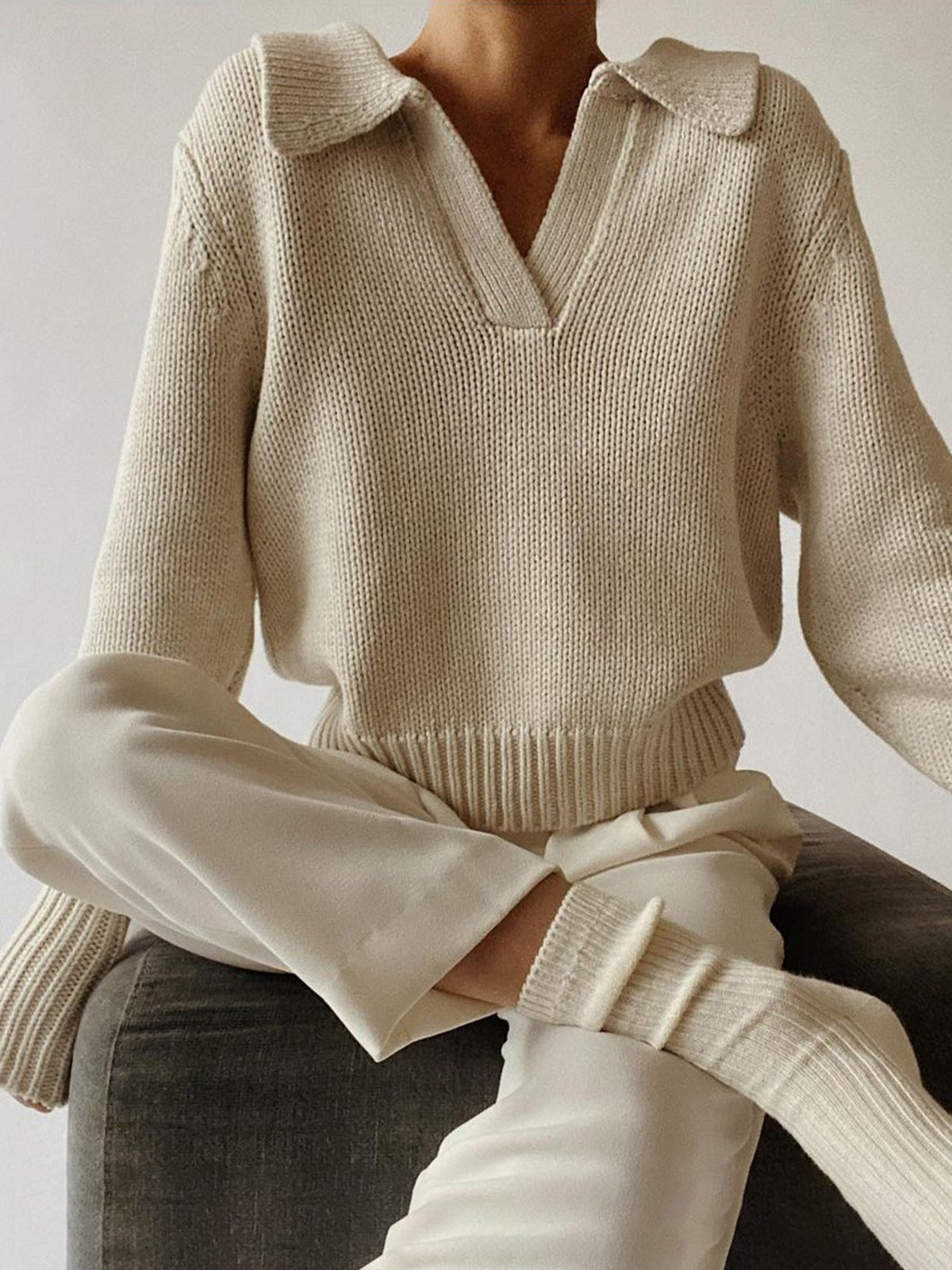 Lapel Ribbed Pullover Sweater-Chicvia