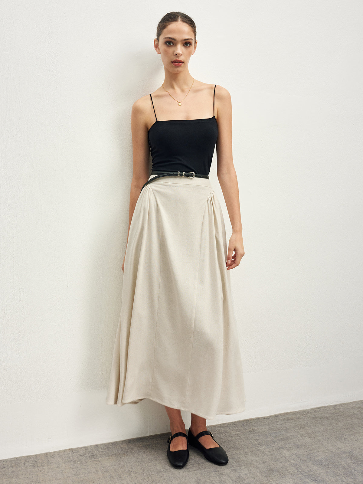 Cotton Blends Pleated Skirt Without Belt-Chicvia