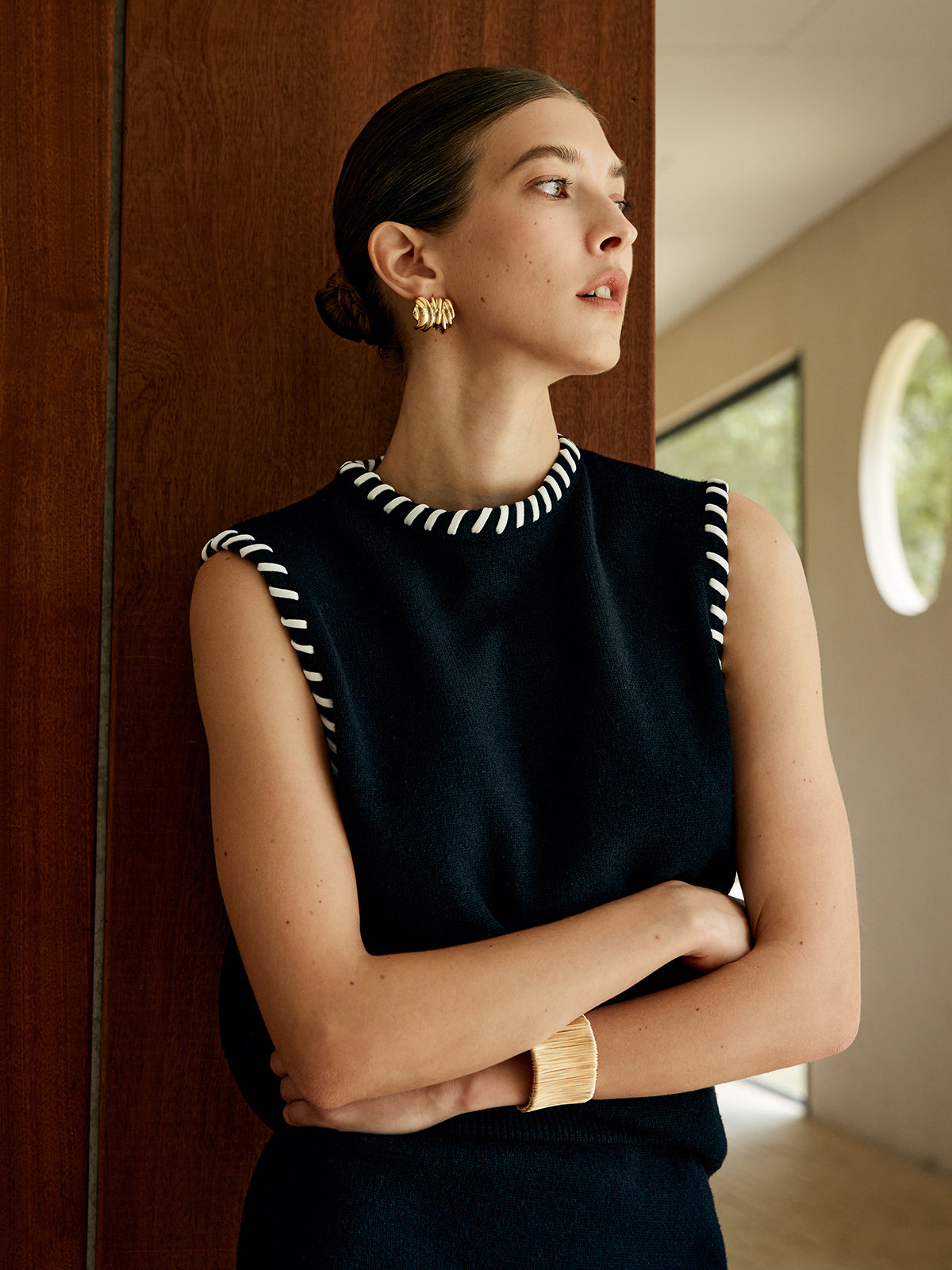 Contrast Trim Sleeveless Skirt Set-Chicvia