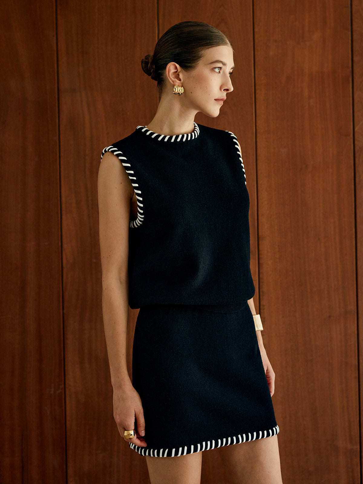 Contrast Trim Sleeveless Skirt Set-Chicvia