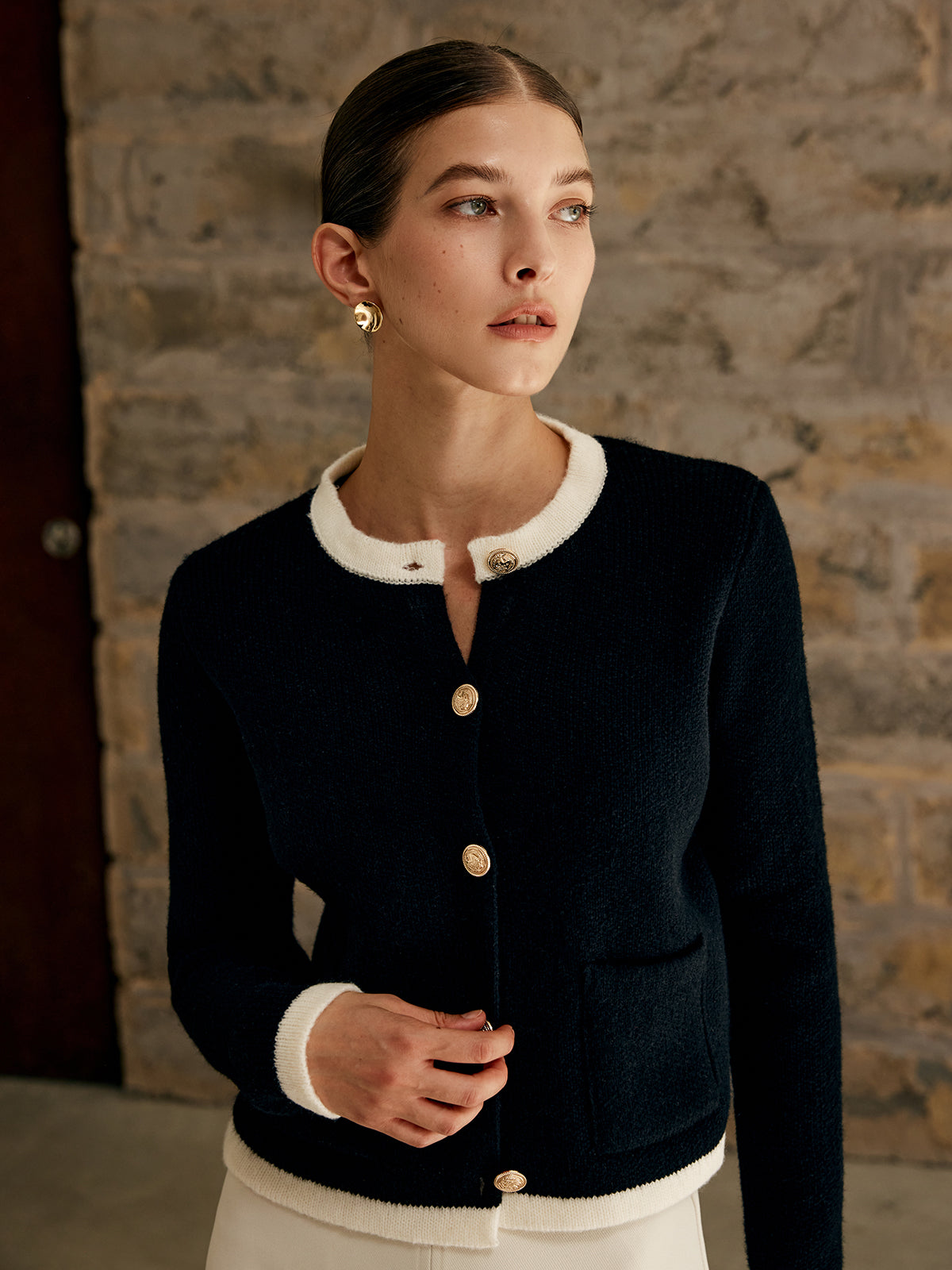 Contrast Trim Jersey Cardigan-Chicvia