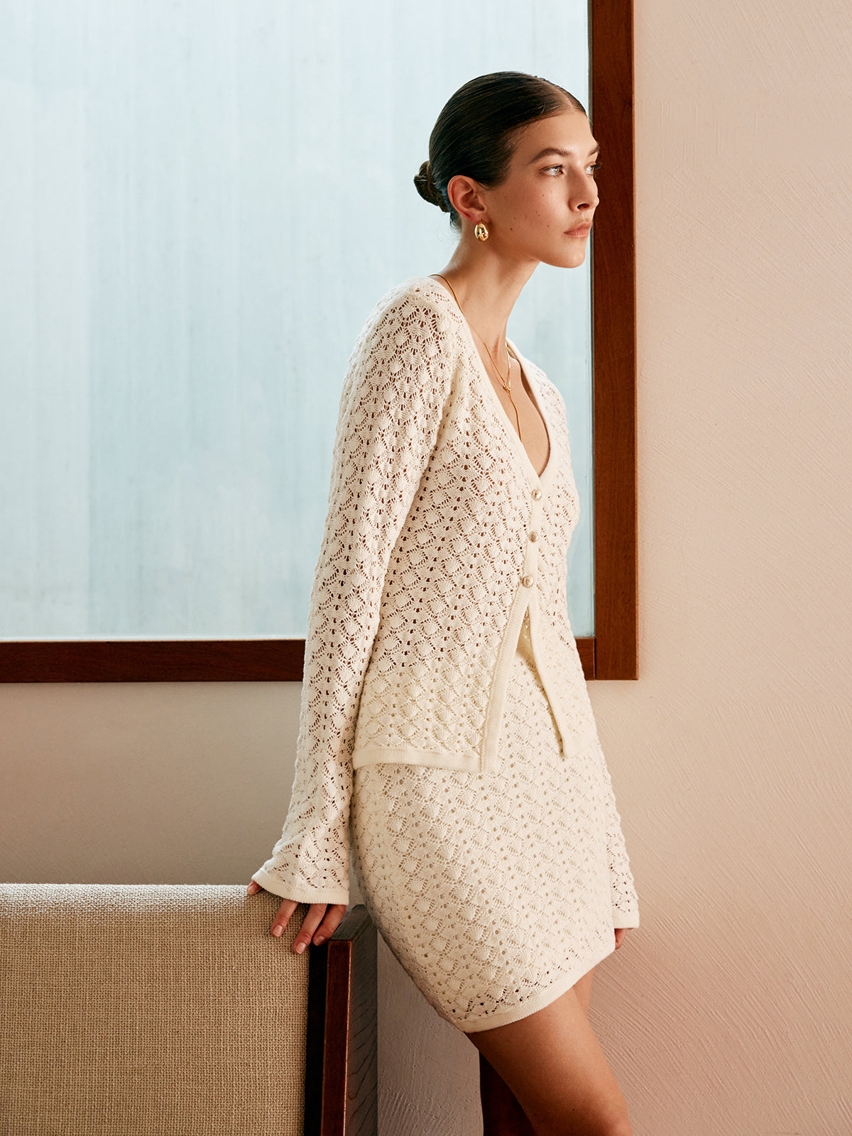 Cotton Blends Hollow Skirt Set-Chicvia