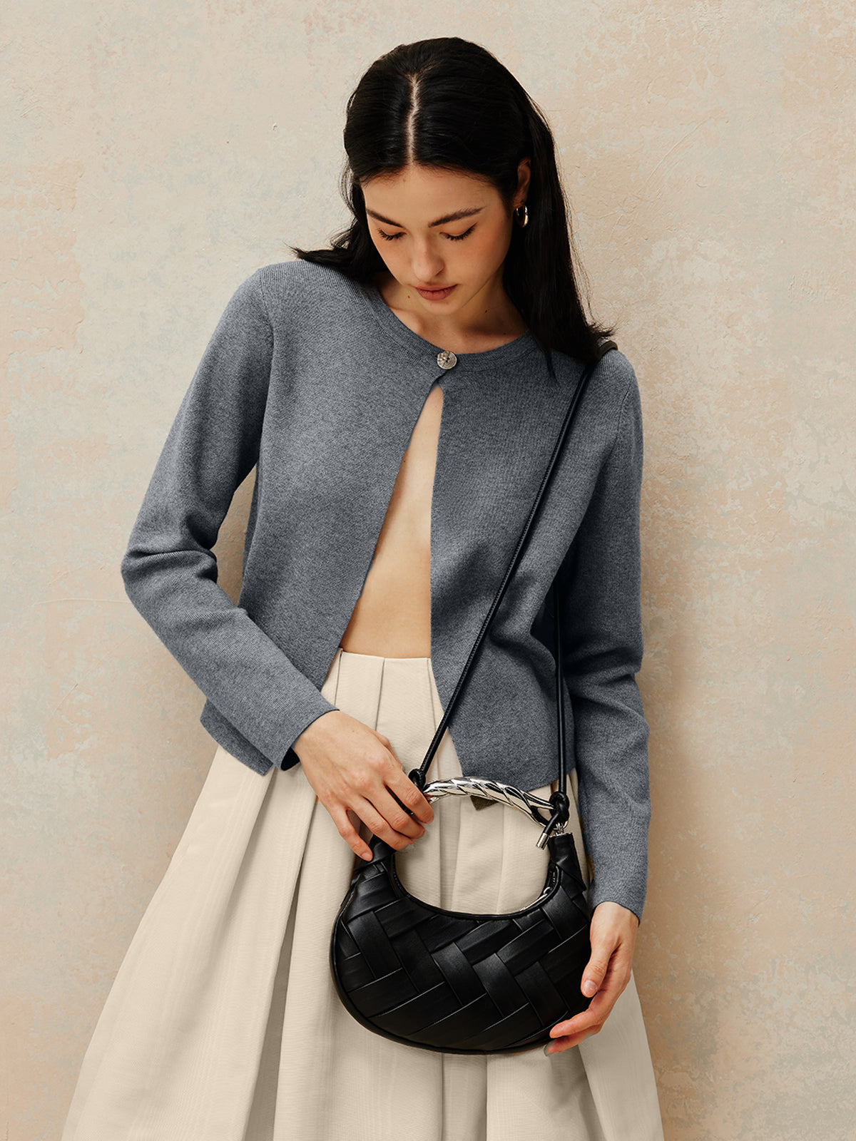 Crew Neck Button Knit Cardigan-Chicvia