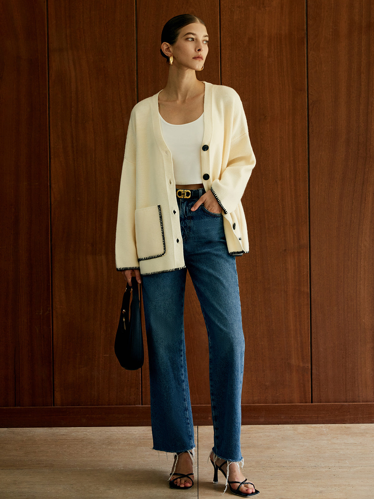 Contrast Trim Pockets Cardigan-Chicvia