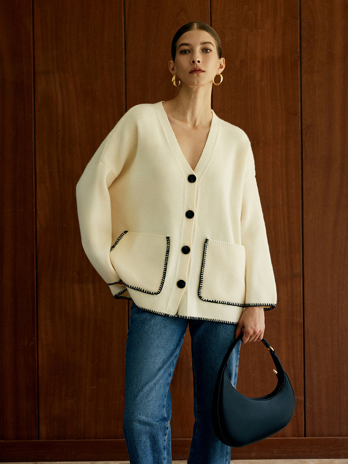 Contrast Trim Pockets Cardigan-Chicvia