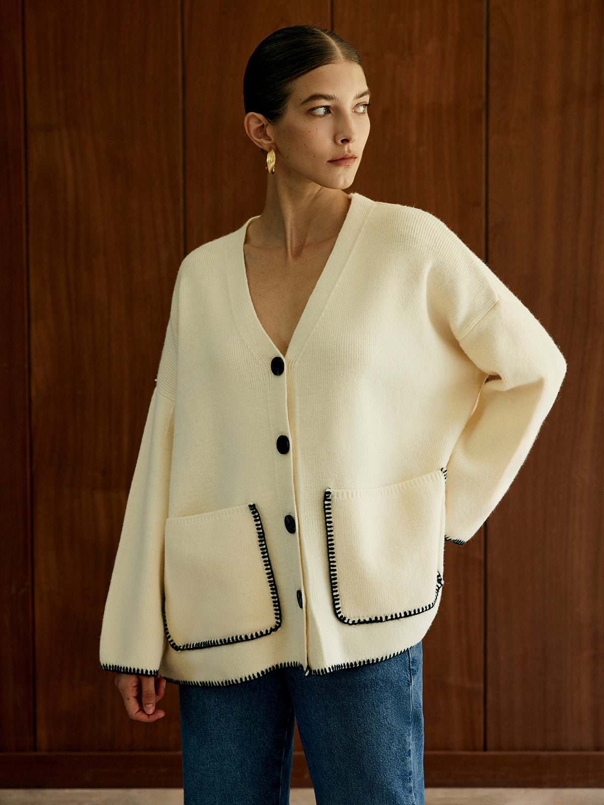 Contrast Trim Pockets Cardigan-Chicvia