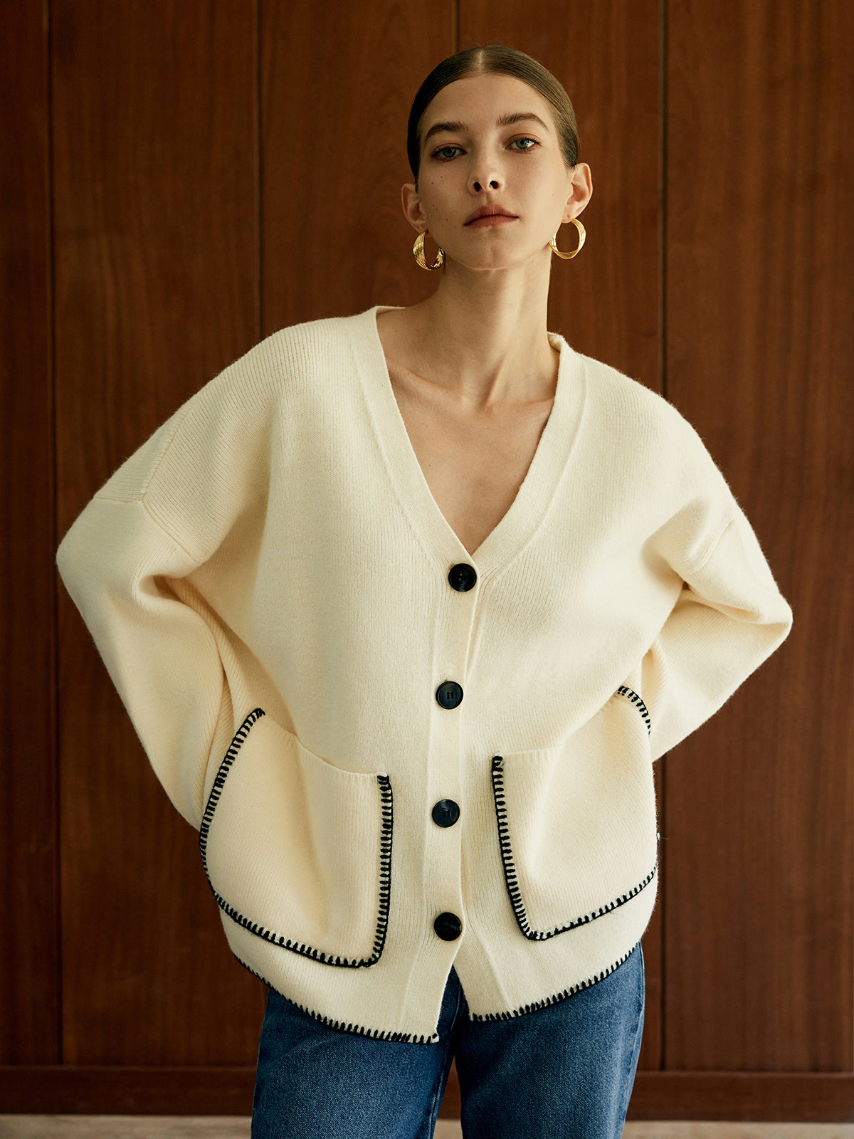 Contrast Trim Pockets Cardigan-Chicvia