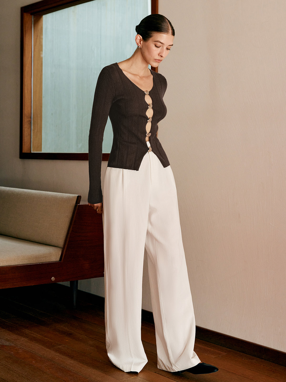 Cutout Metal Button Knit Top-Chicvia