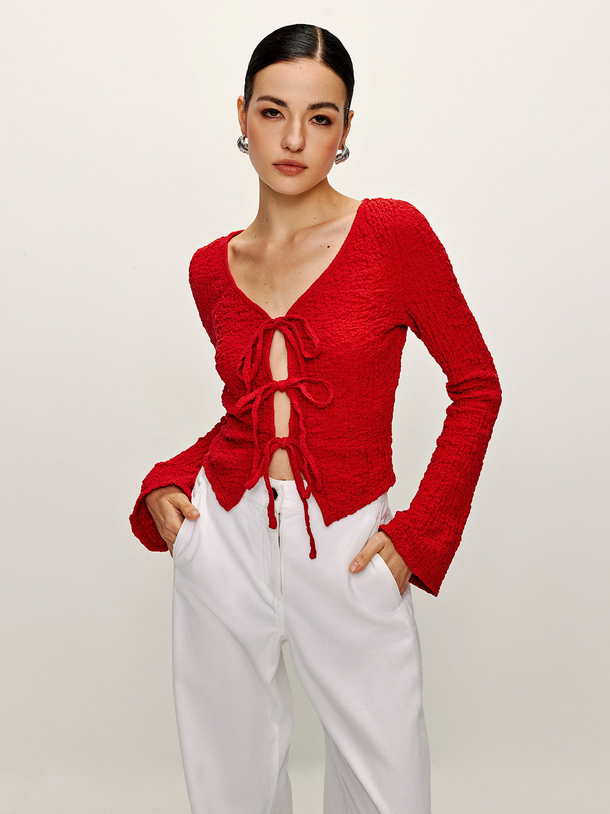 Cotton Blends Tie Front Soft Blouse-Chicvia