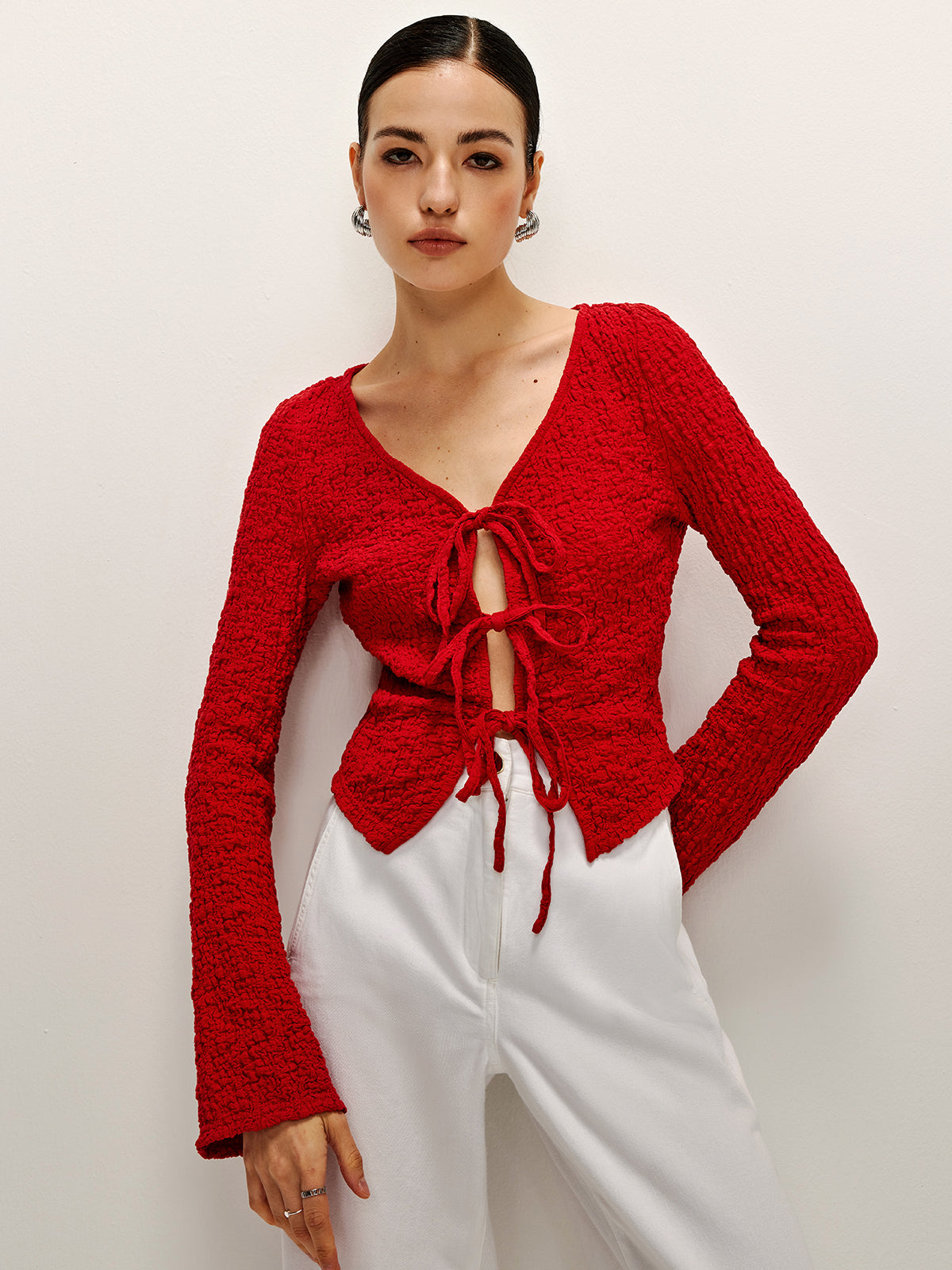 Cotton Blends Tie Front Soft Blouse-Chicvia