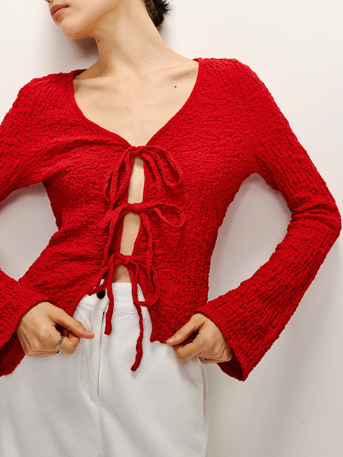 Cotton Blends Tie Front Soft Blouse-Chicvia