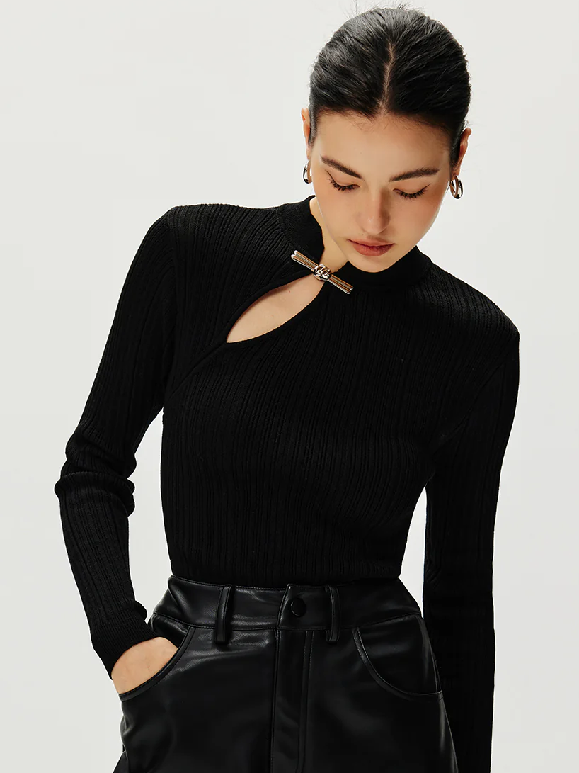 Ribbed Metal Knotted Sweater-Chicvia