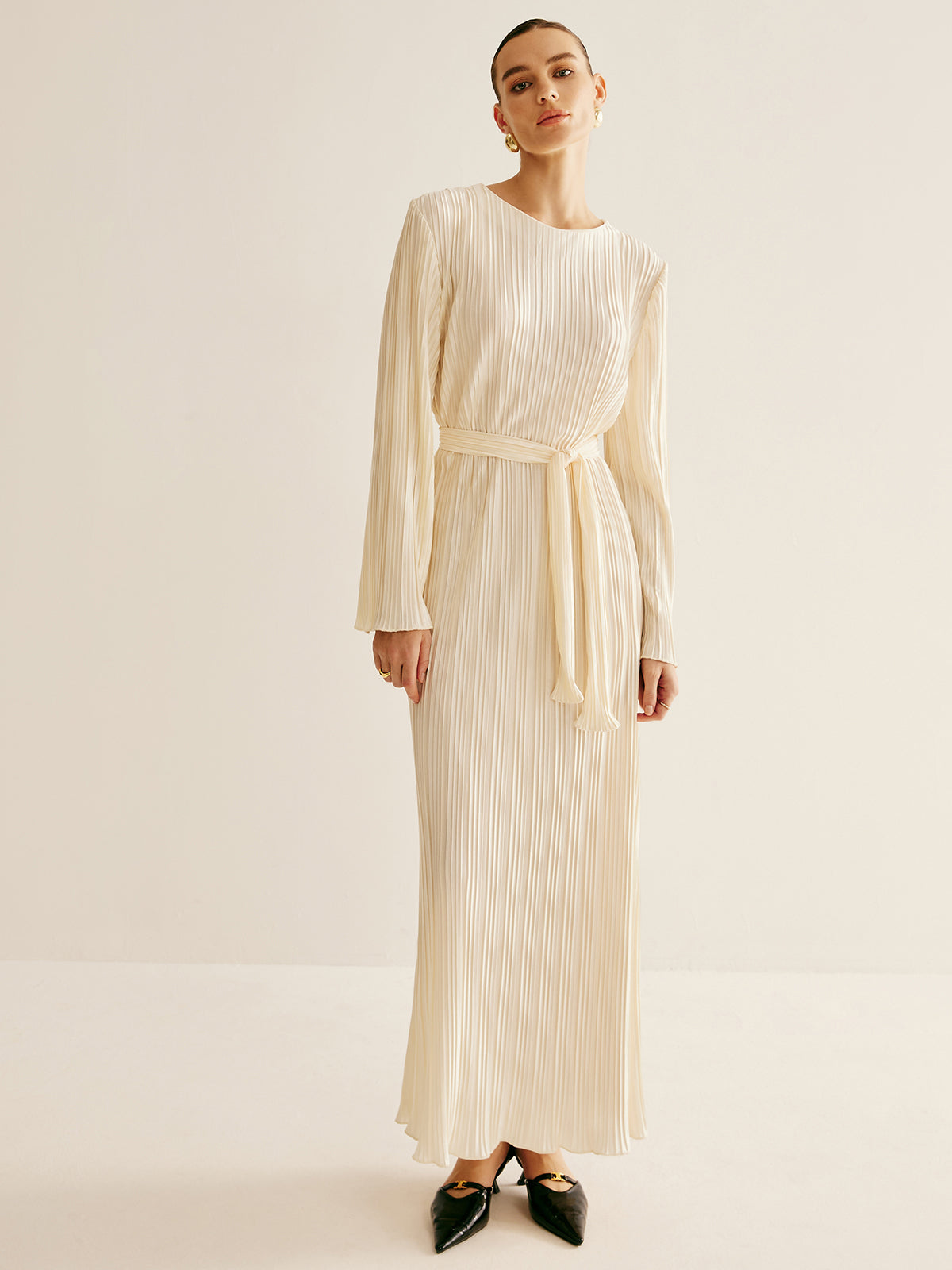 Minimalist Plisse Ruffle Belted Dress-Chicvia