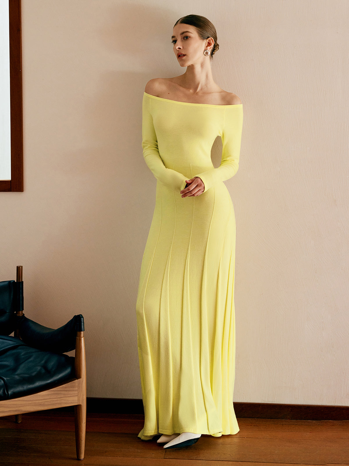 Off Shoulder Pleated  Sweater Dress-Chicvia