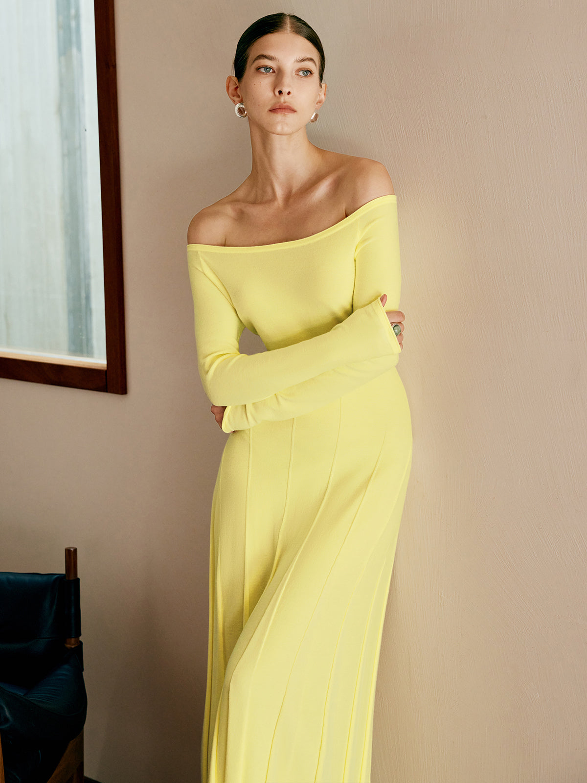 Off Shoulder Pleated  Sweater Dress-Chicvia