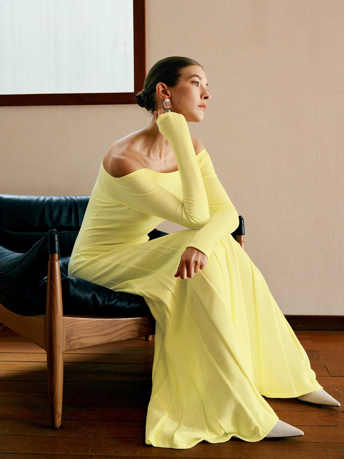 Off Shoulder Pleated  Sweater Dress-Chicvia