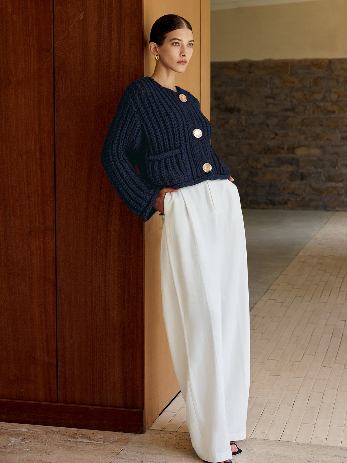 Plain Button Knit Cardigan-Chicvia