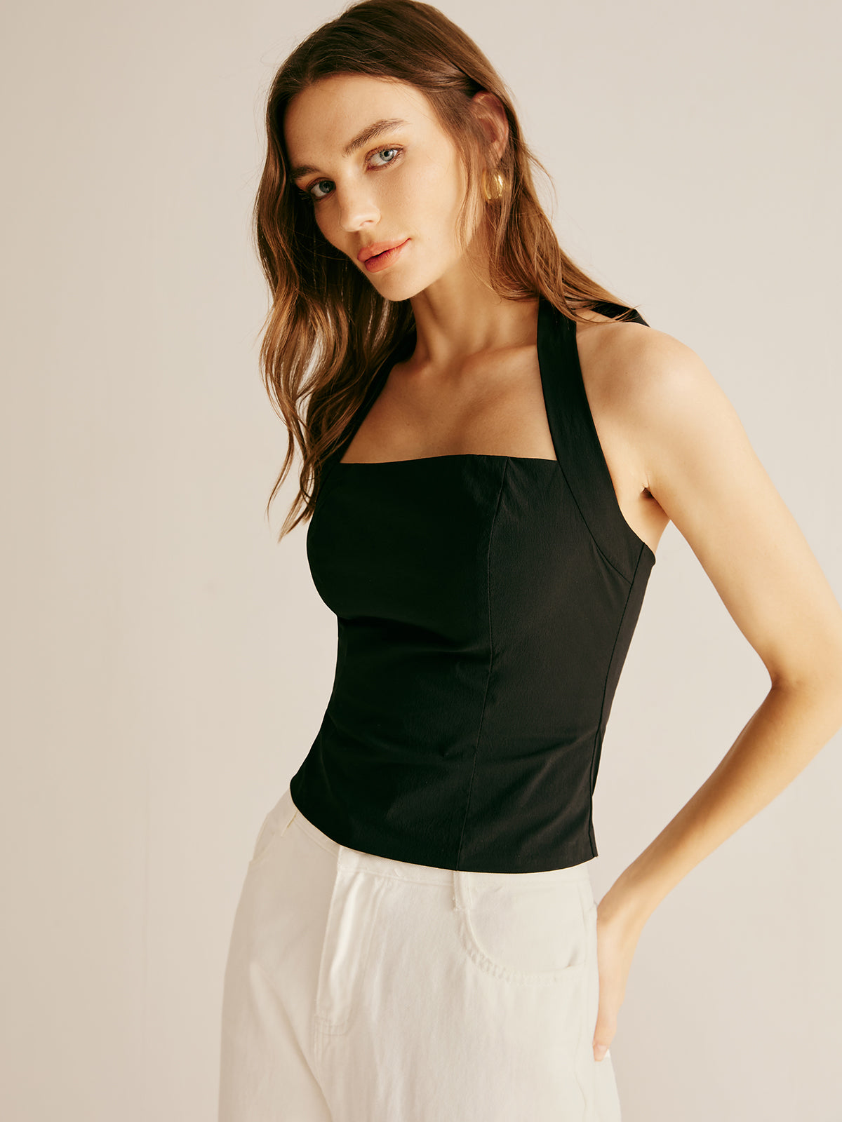 Plain Piping Halter Top-Chicvia