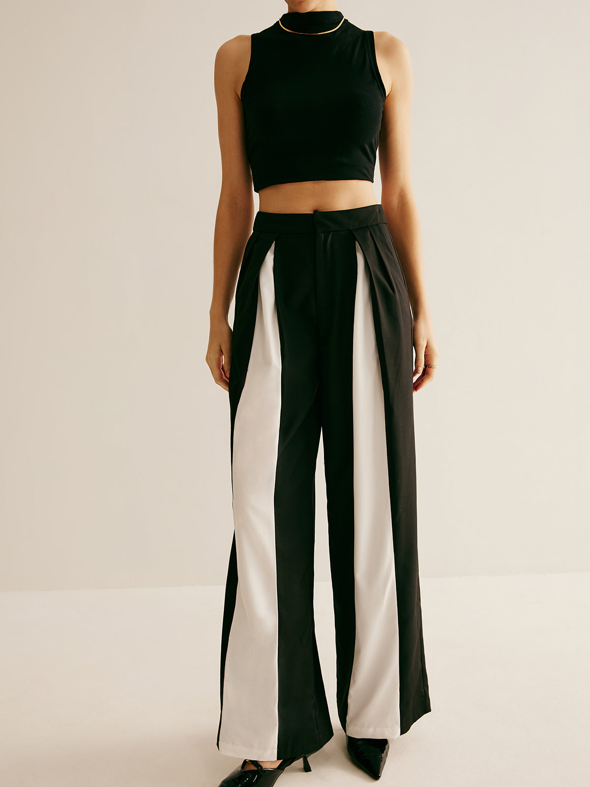 Pleated Patchwork Wide-Leg Pants-Chicvia