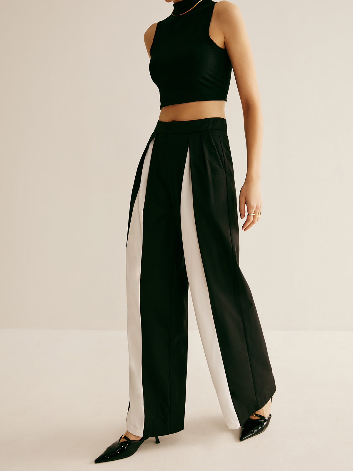 Pleated Patchwork Wide-Leg Pants-Chicvia