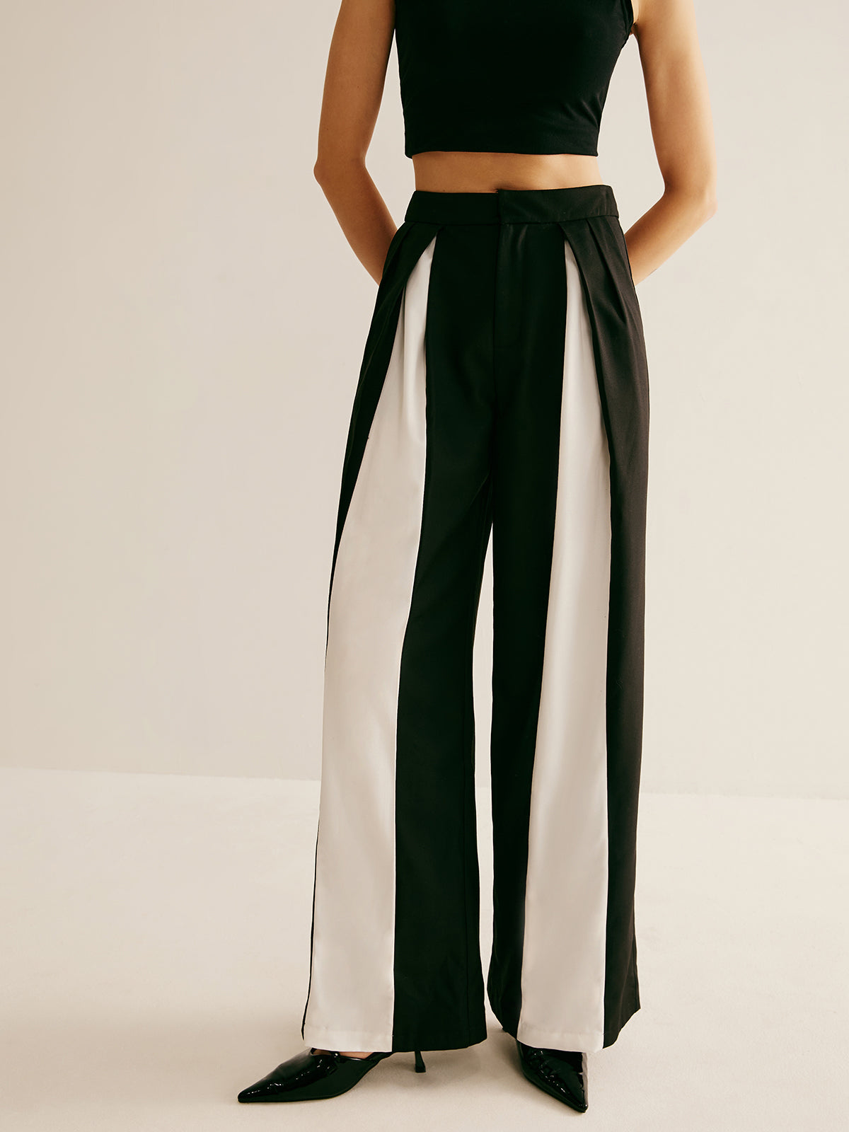 Pleated Patchwork Wide-Leg Pants-Chicvia