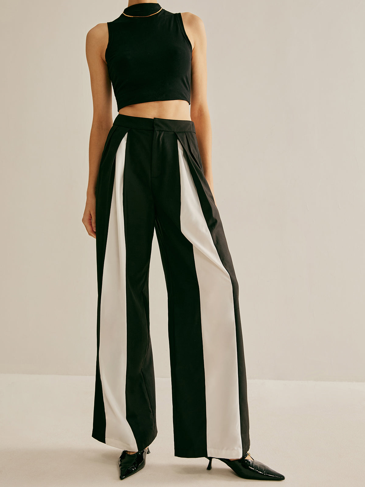 Pleated Patchwork Wide-Leg Pants-Chicvia