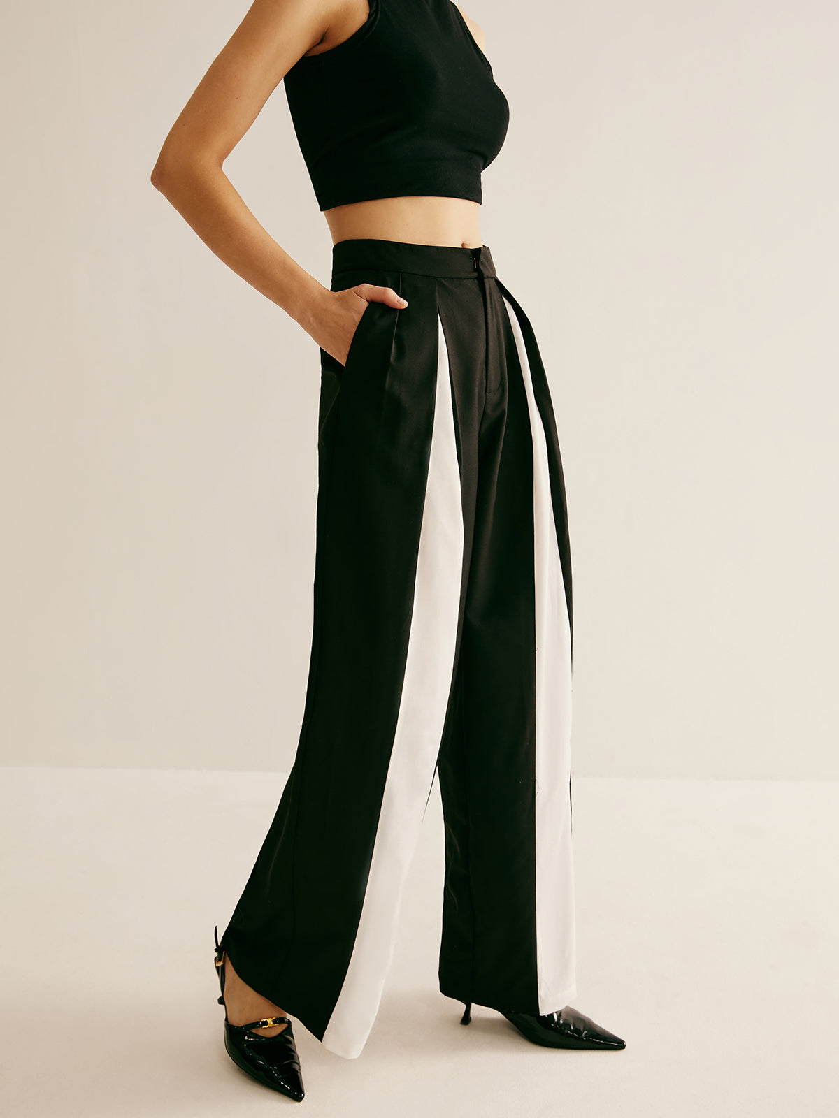 Pleated Patchwork Wide-Leg Pants-Chicvia