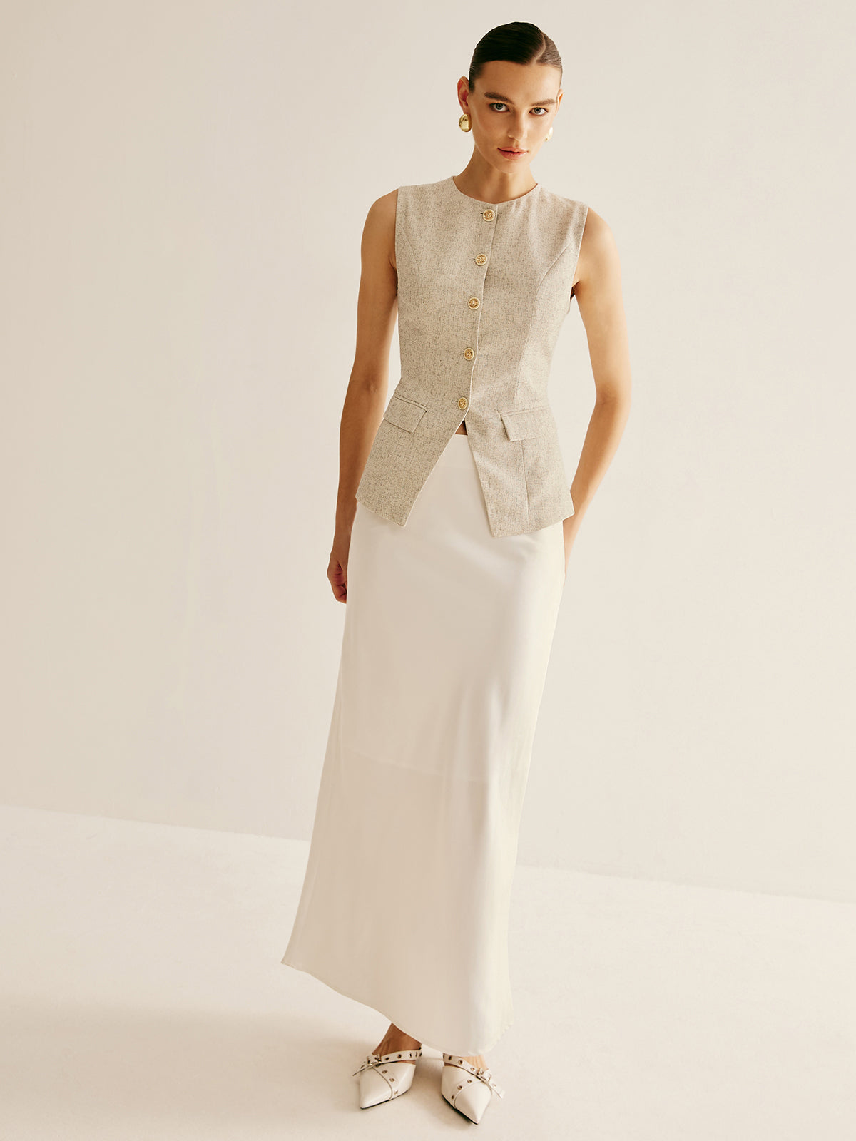 Elegant Breasted Piping Split Vest-Chicvia