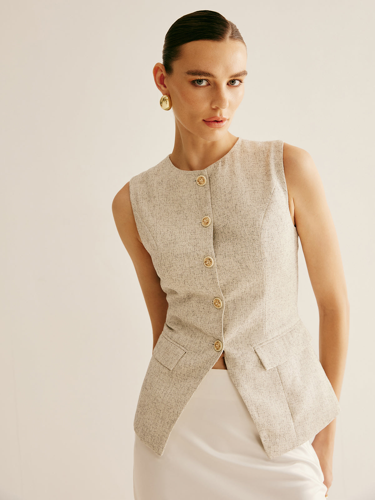 Elegant Breasted Piping Split Vest-Chicvia