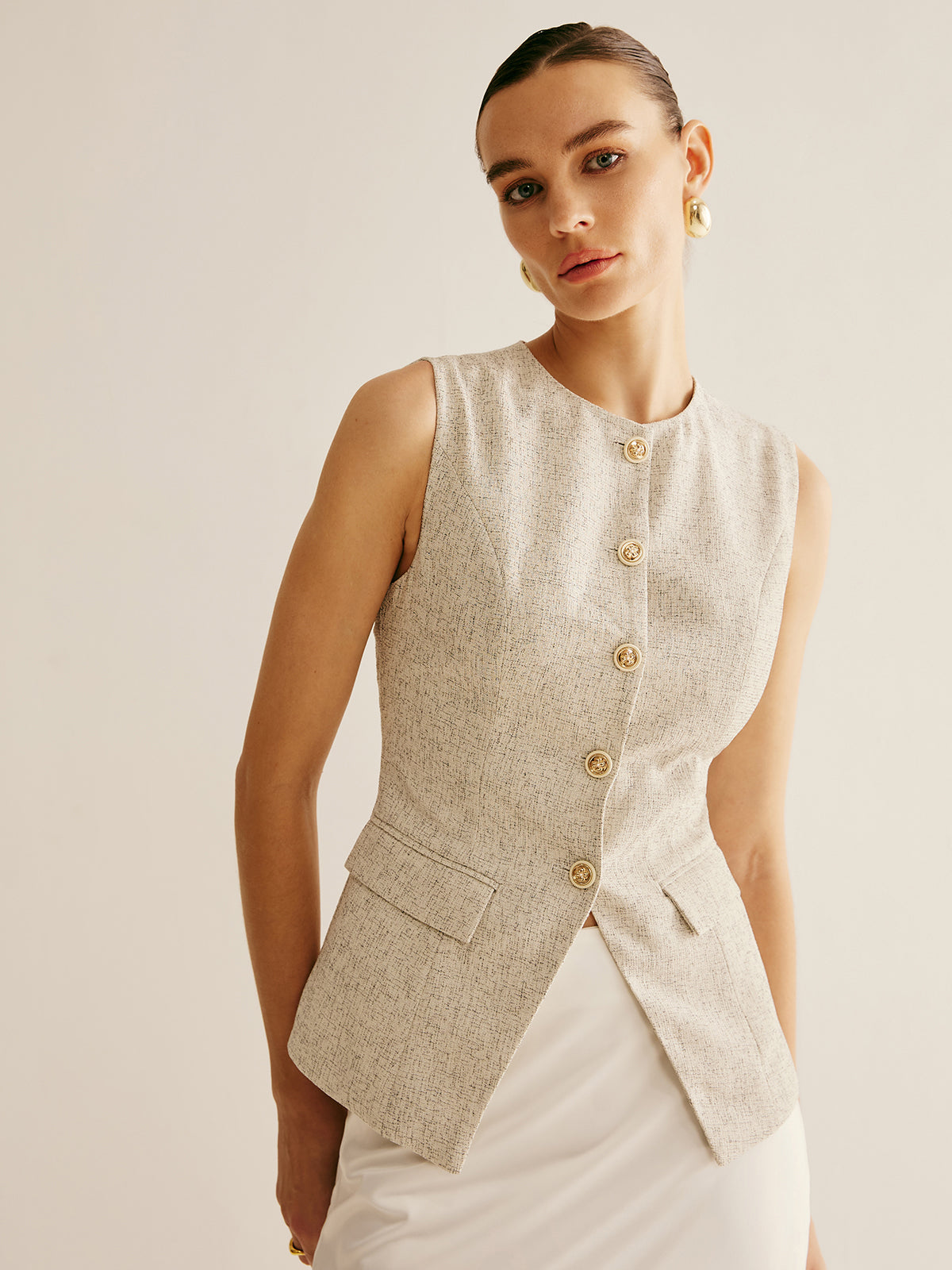 Elegant Breasted Piping Split Vest-Chicvia