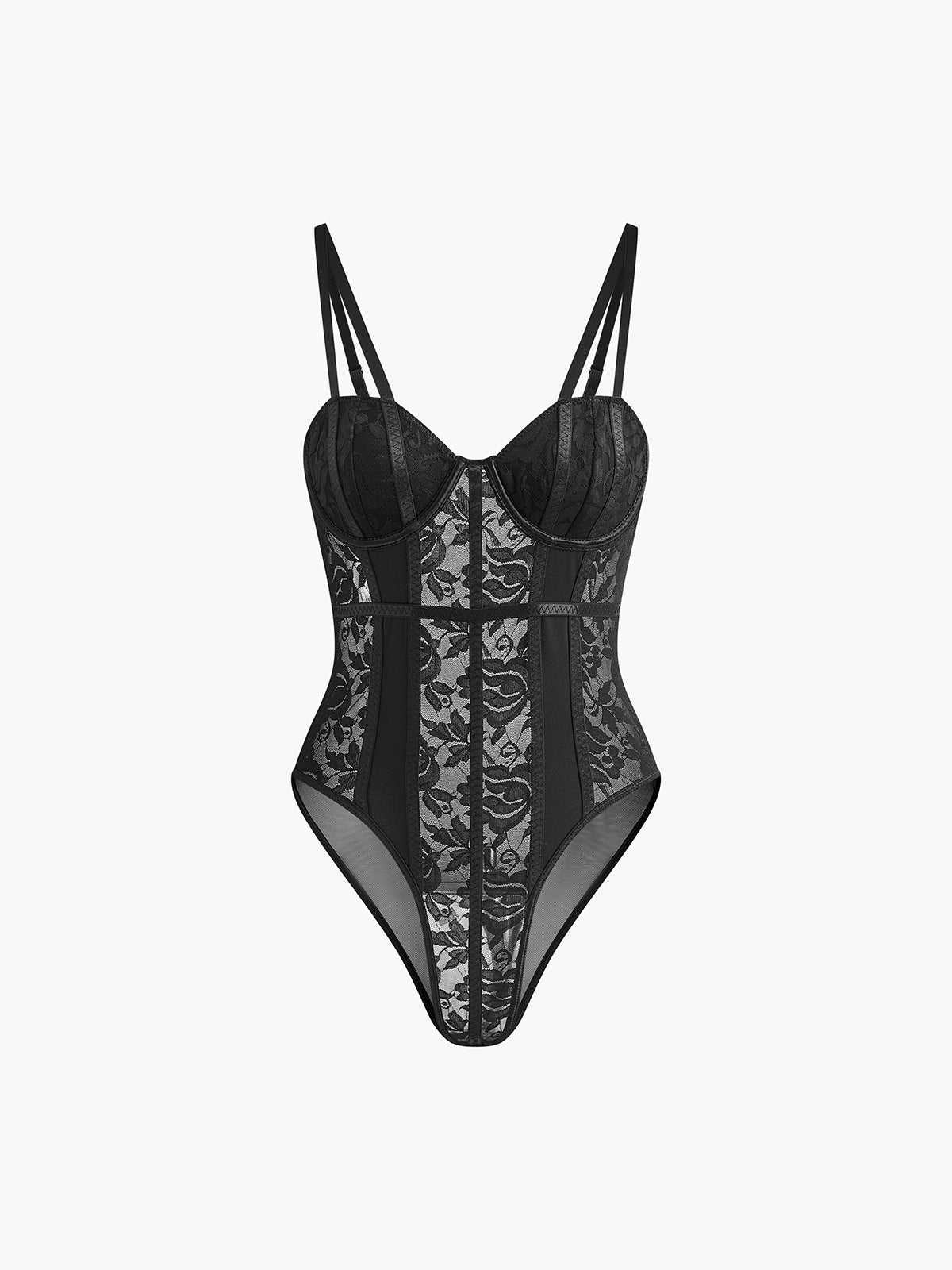 Lace Sheer Sweetheart Corset Bodysuit-Chicvia