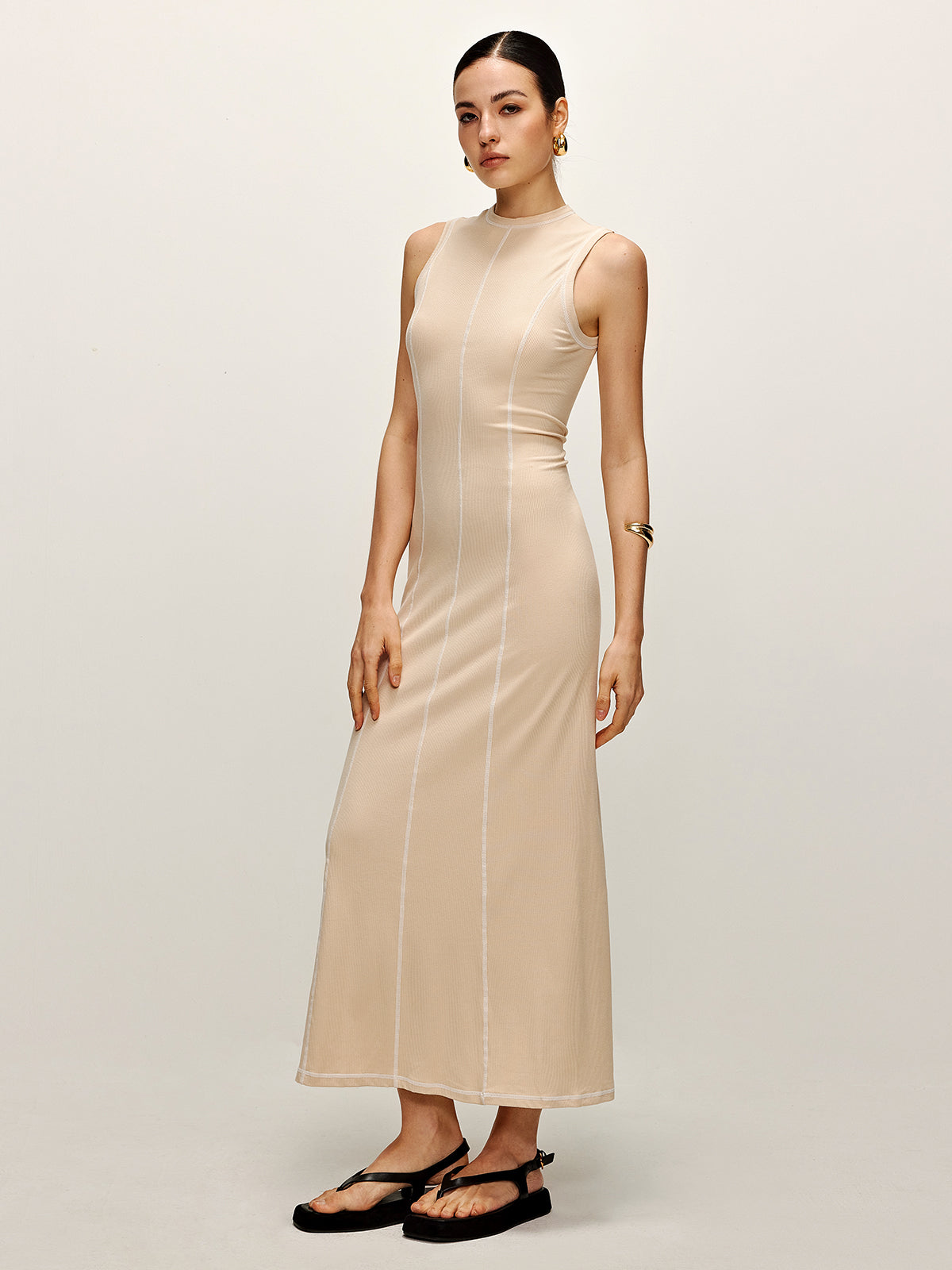 Contrast Piping Knit Tank Dress-Chicvia