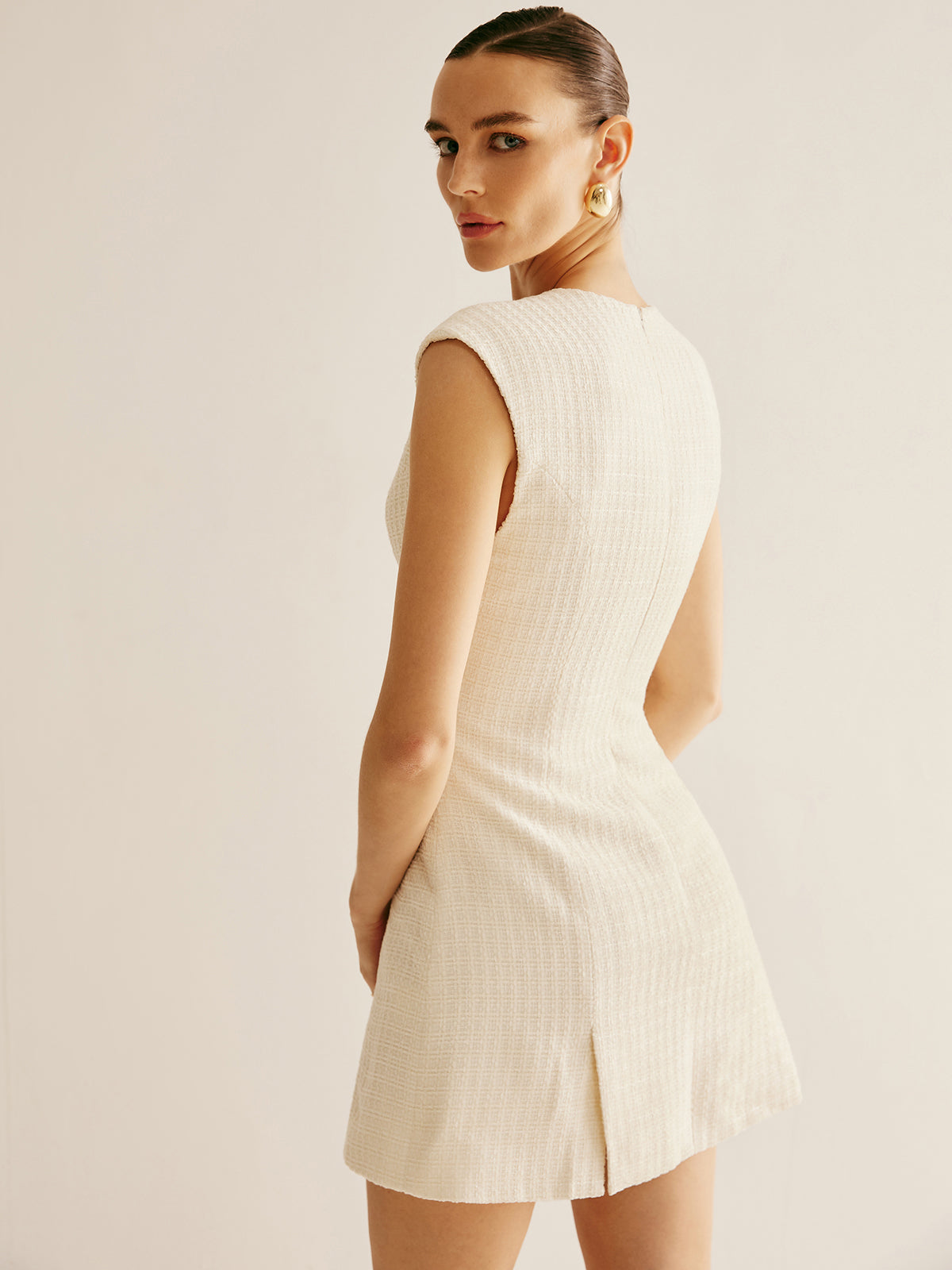 Piping Zipper Tweed Short Dress-Chicvia