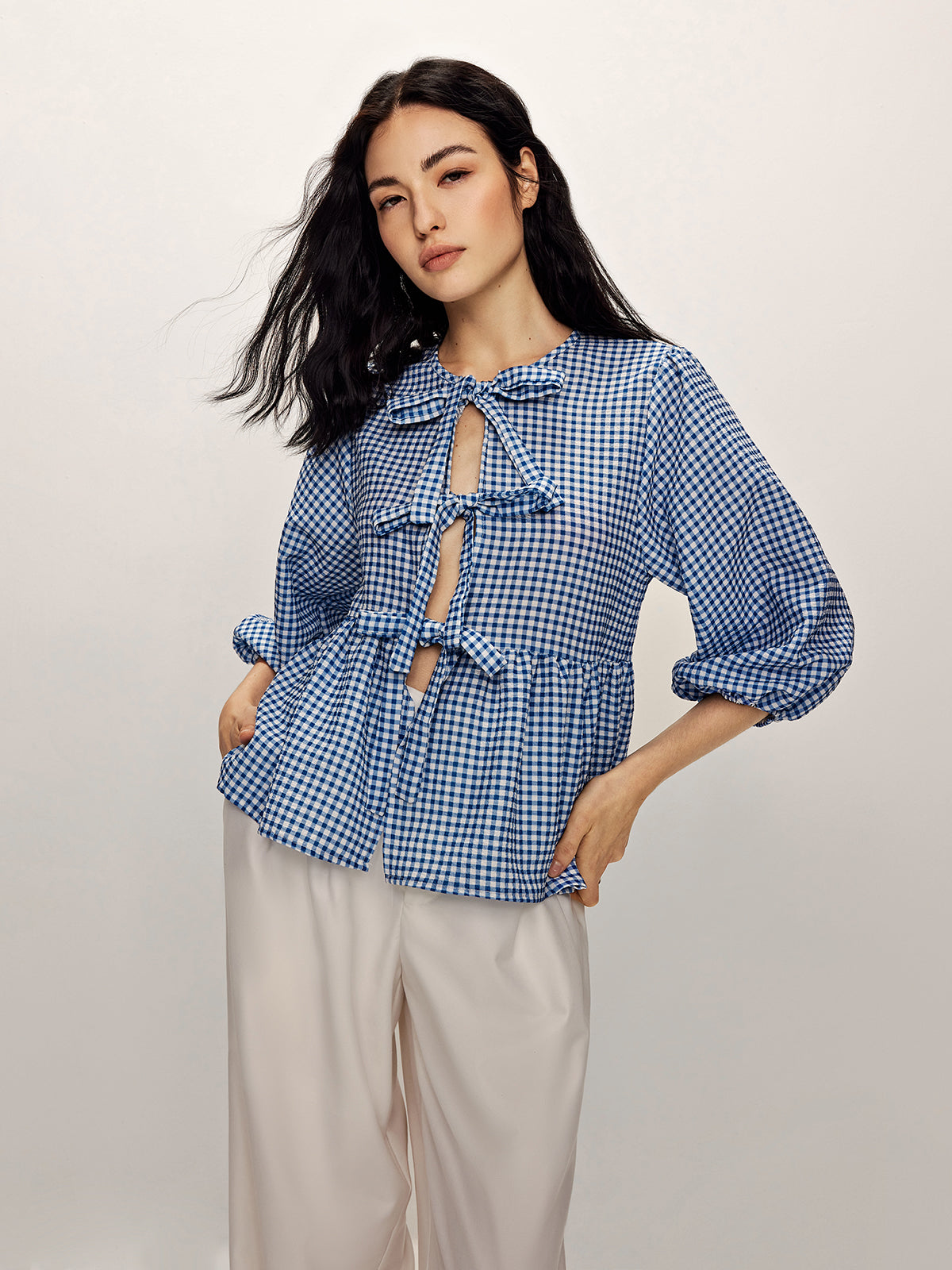 Plaid Tie Front Half Sleeve Blouse-Chicvia