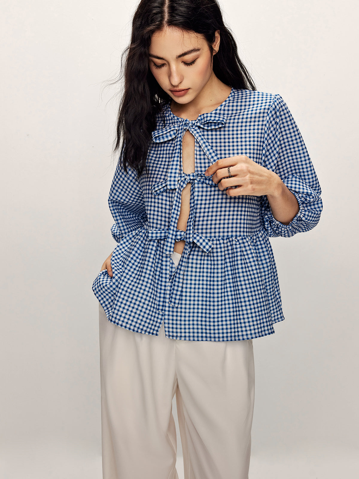 Plaid Tie Front Half Sleeve Blouse-Chicvia