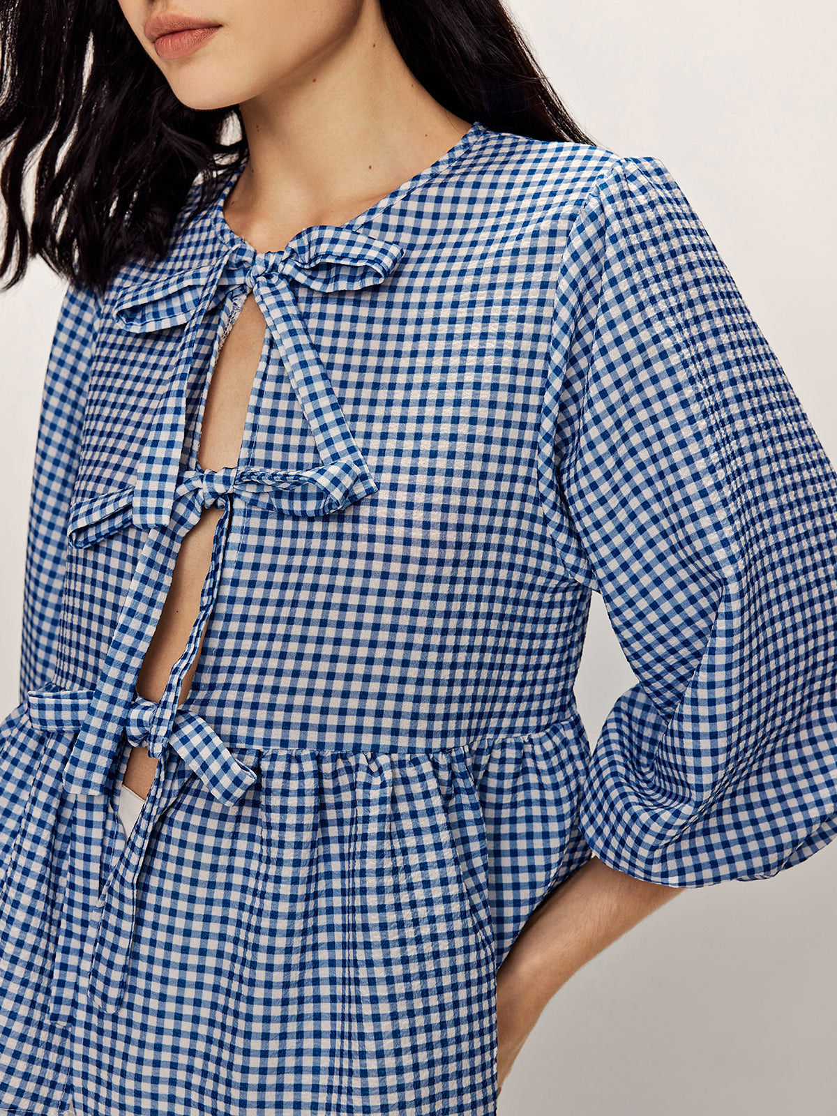 Plaid Tie Front Half Sleeve Blouse-Chicvia