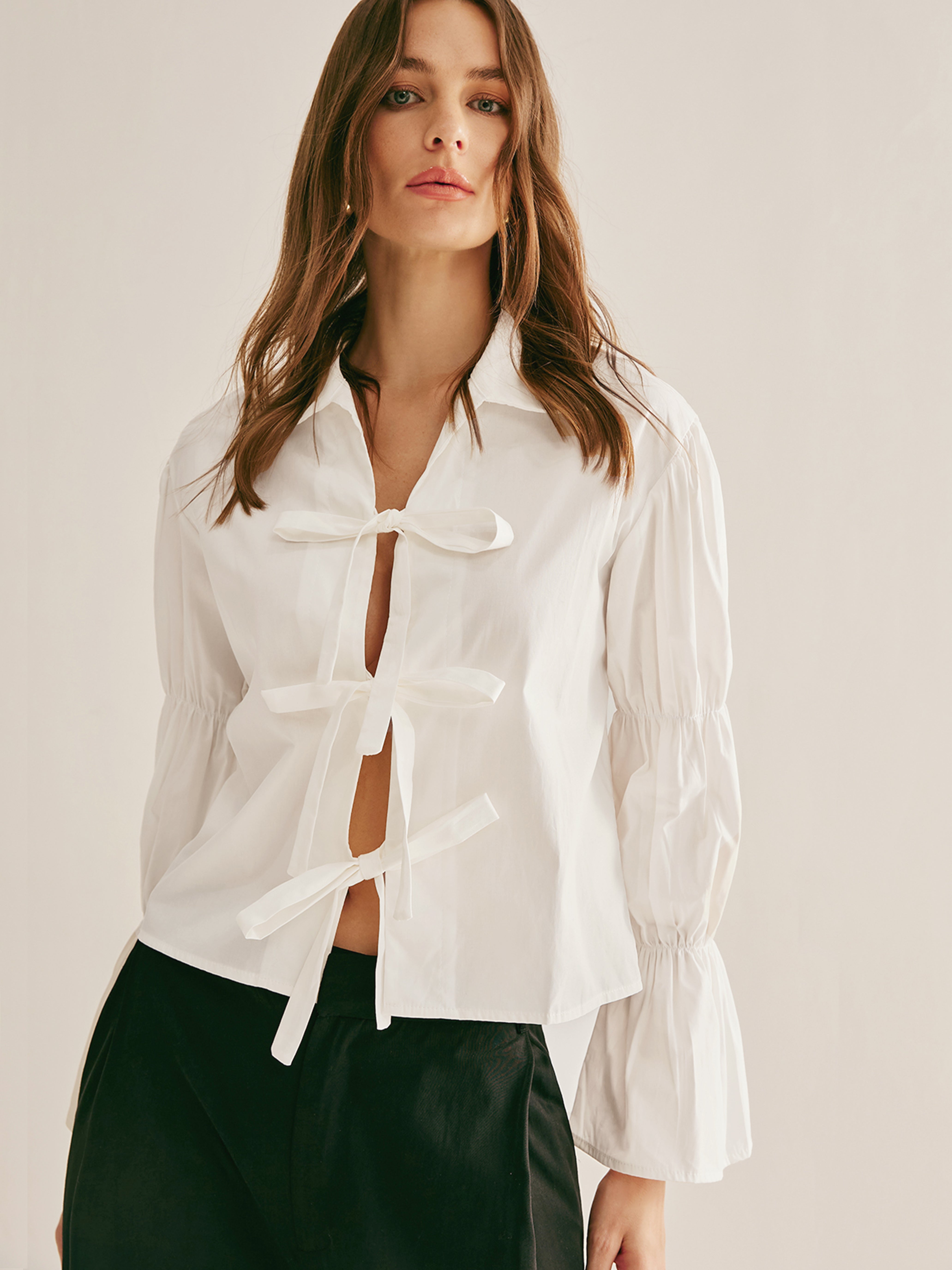 Pleated Tie Front Polo Shirt-Chicvia