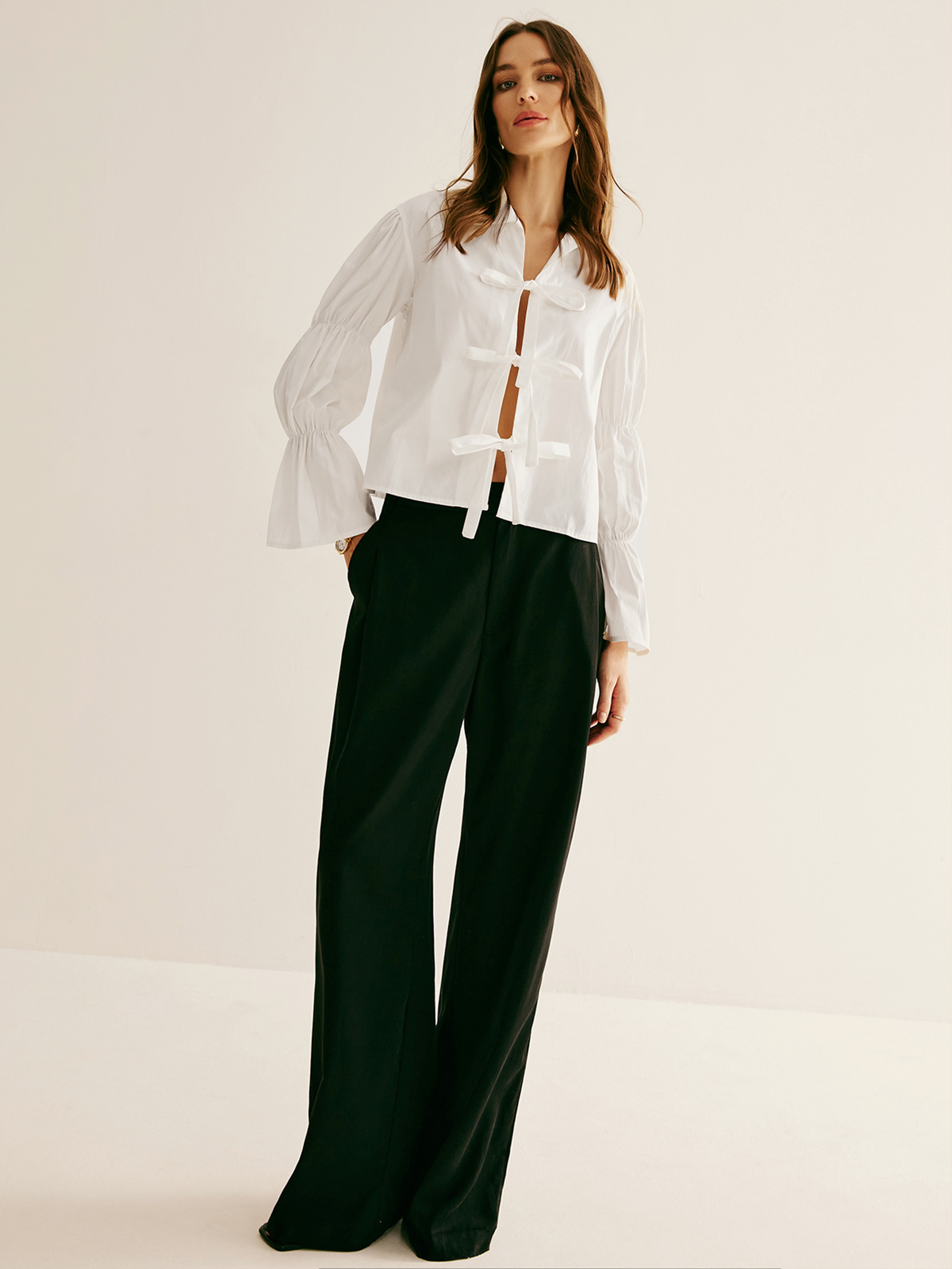 Pleated Tie Front Polo Shirt-Chicvia